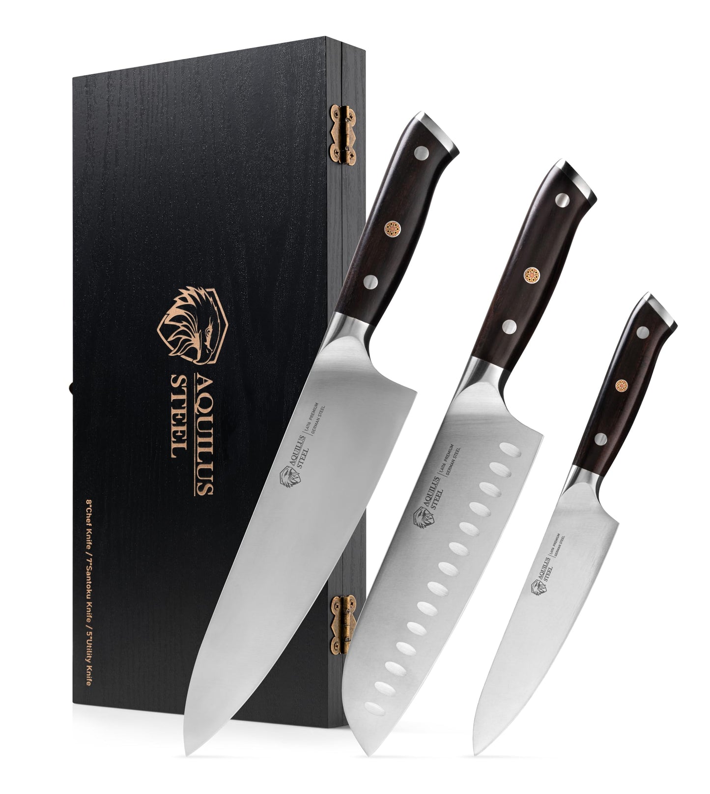 3-Piece Professional Kitchen Knife Set – Full Tang, Ultra-Sharp German 1.4116 High Carbon Stainless Steel – Forged Chef Knives with Ergonomic Ebony Wood Handles – Includes Premium Wooden Gift Box.
