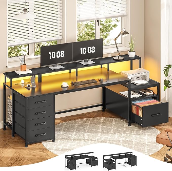 SEDETA 75'' Computer Desk with 5 Drawer, Power Outlet & Led Lights, Home Office Desk with File Drawer, Storage Shelves, Printer Cabinet and Monitor Shelf, 23.6" W Large Desktop Gaming Desk, Black