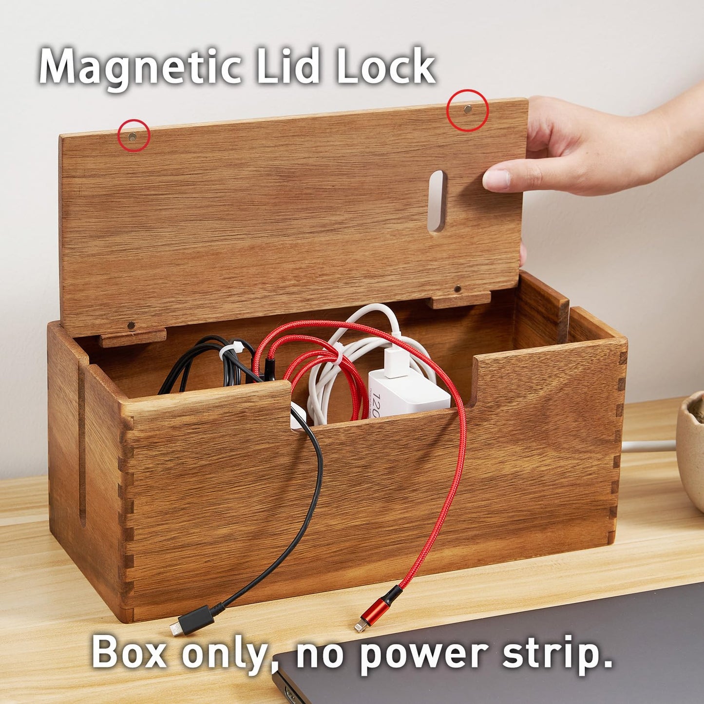 LiTY Acacia Wood Cable Management Box, Wooden Cord Hider & Organizer for Power Strip, Electrical Hiding, TV Wires, Desk & Floor Cables - Office Under Desk Cable Storage Box for Wire