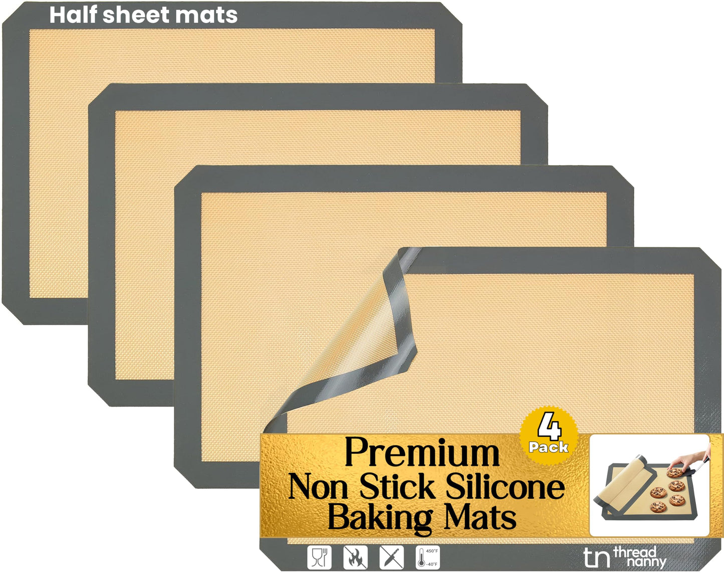 Silicone Baking Mats Half Sheet Non Stick for Oven Reusable 4 Pack - Thick Heavy Duty Silicone Baking Mat Cookie Sheet 1/2 Size for Macaron & Pastry - Half Size Rectangular Cooking Oven Liner Pad
