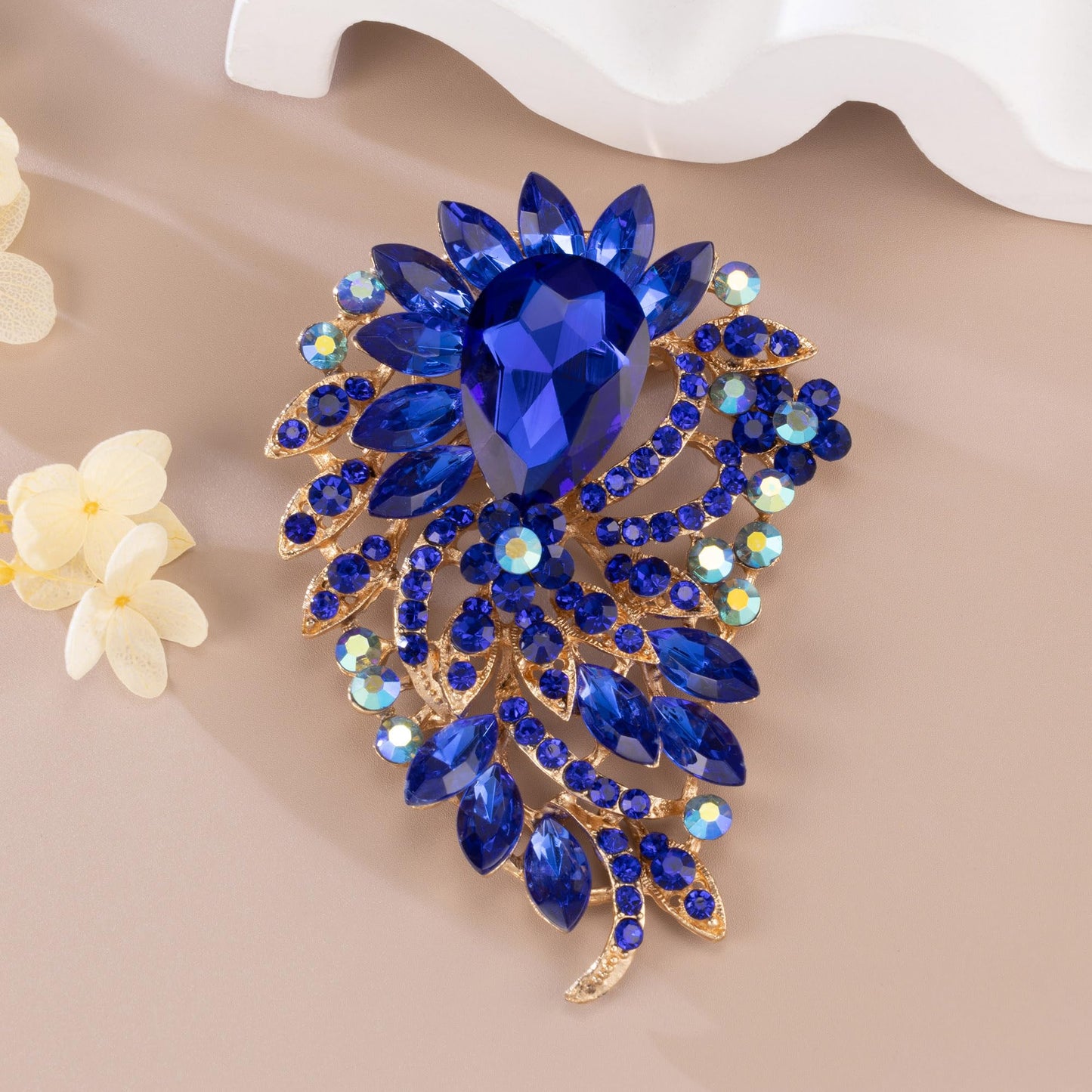 SELOVO Big Large Flower Statement Brooches Pins Scarf Decoration Gold Tone (Blue)