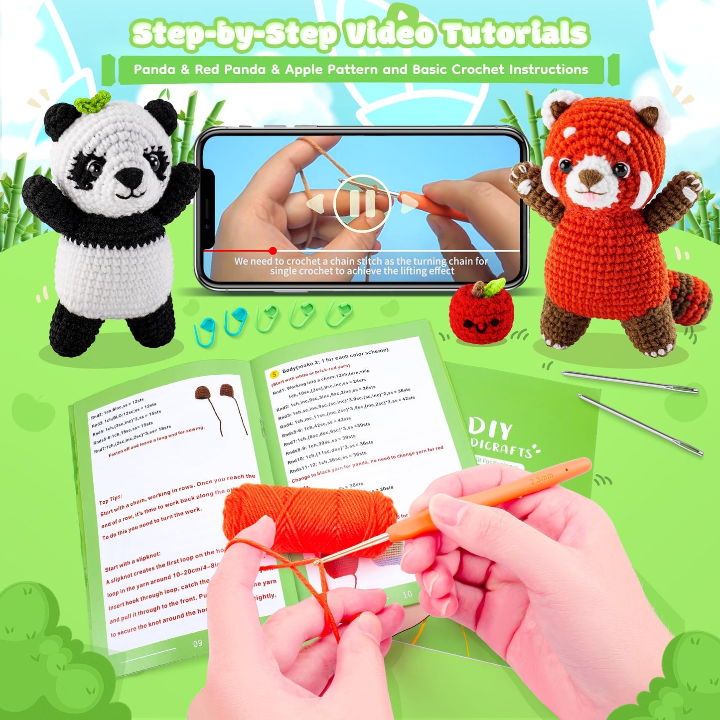 Crochet Kit for Beginners - 2PCS White and Red Panda Crochet Animal Kit with Step-by-Step Video Tutorials, Apple Crocheting Kit, Crochet Starter Kit for Adults, Beginners Knitting Kit for Birthday