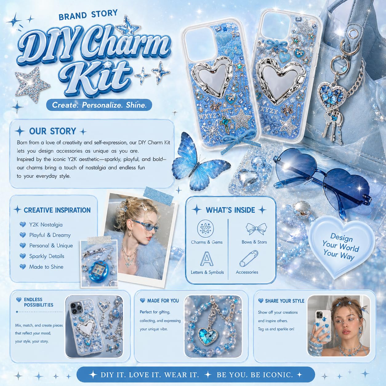 Prdingfy Blue Silver Phone Case Charms Kit, Icy Y2K DIY Decorating Accessories with Bows, Rhinestones, Mini Mirror Pieces and Resin Charms for Custom Cases