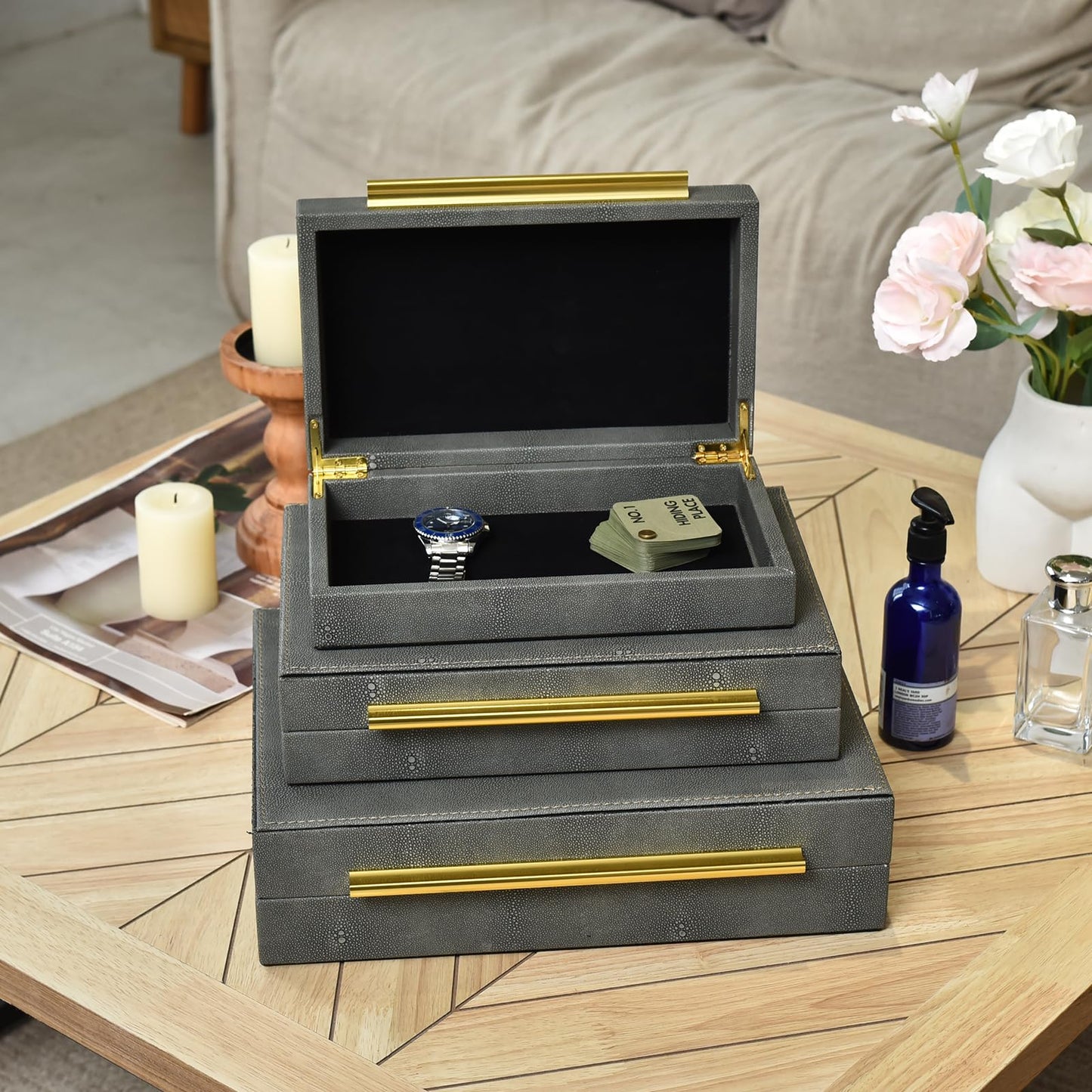 DECOR4SEASON Faux Shagreen Decorative Storage Boxes – Set of 3 Stackable Jewelry Organizers with Gold Metal Handles & Velvet Lining, Modern Grey Box for Vanity, Entryway & Coffee Table Décor