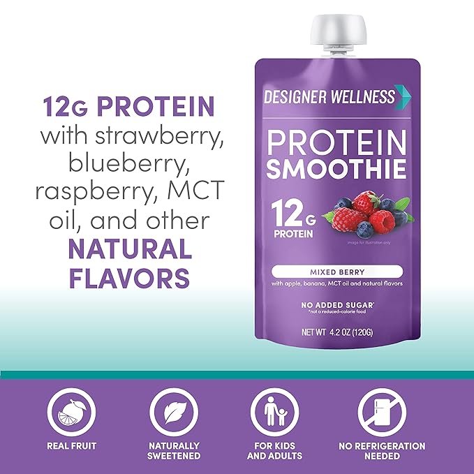 Designer Wellness Protein Smoothie, Real Fruit, 12g Protein, Low Carb, Zero Added Sugar, Gluten-Free, Non-GMO, No Artificial Colors or Flavors, Mixed Berry, 12 Count