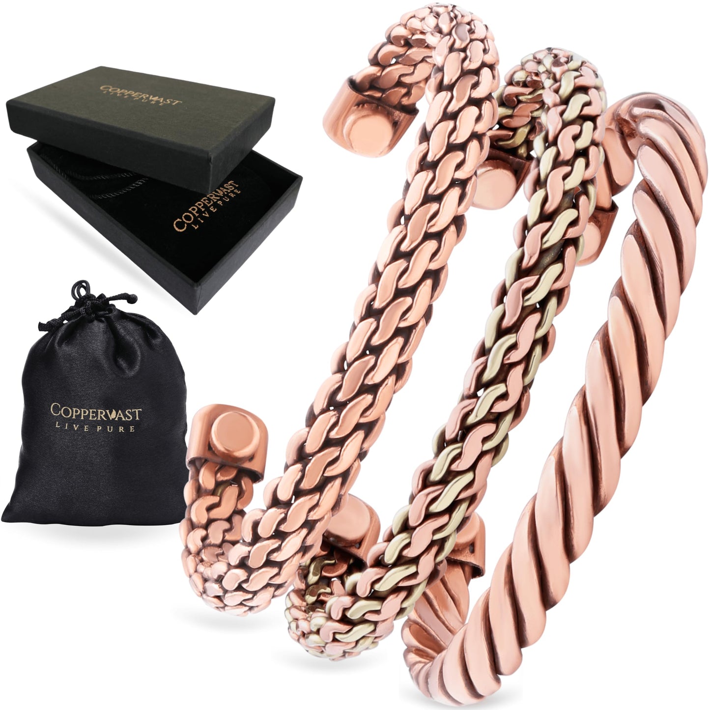 Coppervast Copper Bracelets - Valentine's Day Gift for Men & Women | Set of 3 with Gift Box | Handmade 100% Copper (Twisted) | Magnet Bracelets