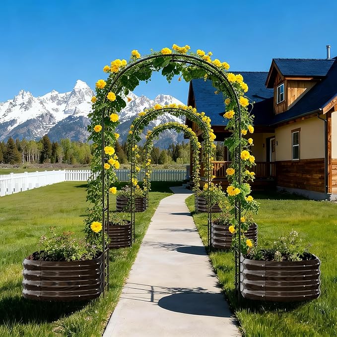 DoCred 3 in 1 Raised Garden Bed with 87in Tall Arch Trellis for Climbing Plants, Galvanized Planter Garden Box Outdoor for Gardening, Climbing Vegetables, Flower, Wood Grain