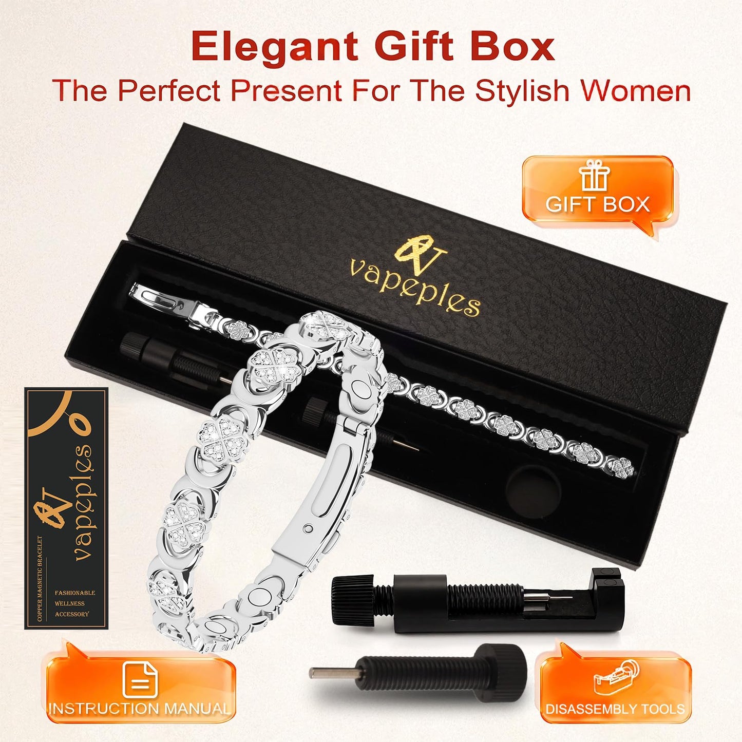 vapeples Copper Bracelets for Women, 3800 Gauss, 99% Pure Copper Magnetic Bracelet, Adjustable Sizing, Four-Leaf Clover Women's Bracelets with Sparkling Cubic Zirconia, Gift Packaging