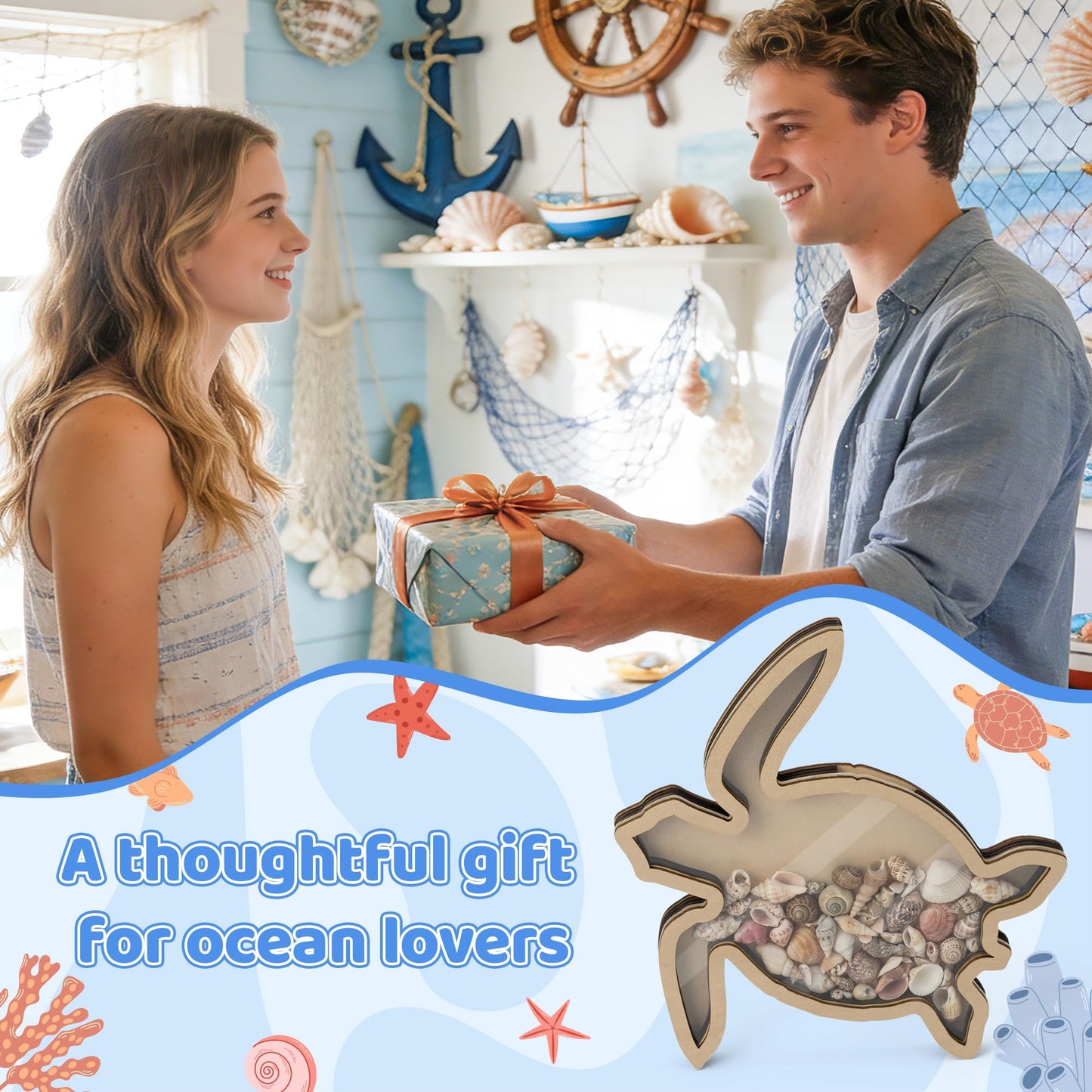 VERSRH Turtle Shell Collection Box - Wooden Sea Handcrafted Coastal Decor Display Case with Clear Acrylic Panel for Seashells Sea Glass Beach House Decor Memory Keepsake & Vacation Gift