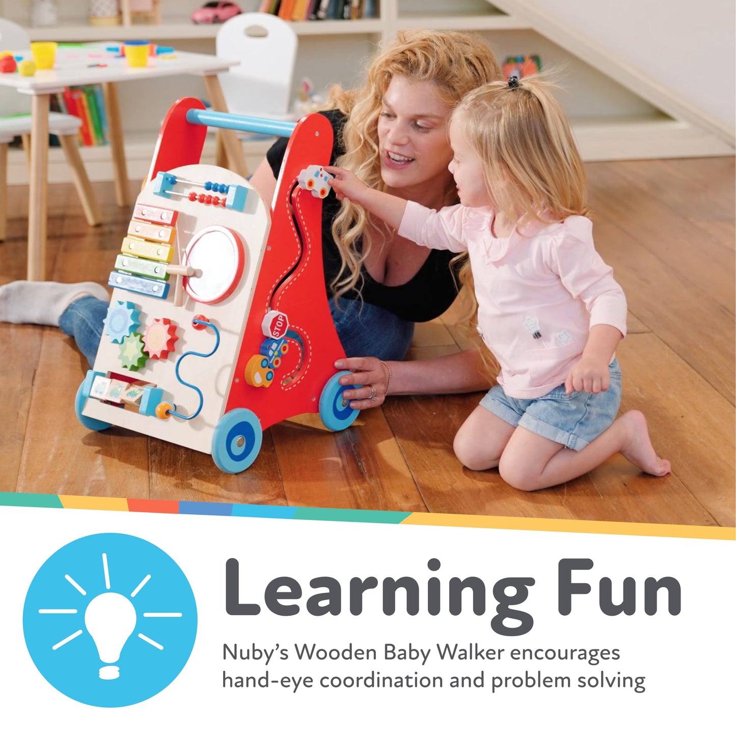 Nuby Wooden Baby Walker with Interactive Features for Early Development, Promotes Walking, Motor Skills, and Creativity