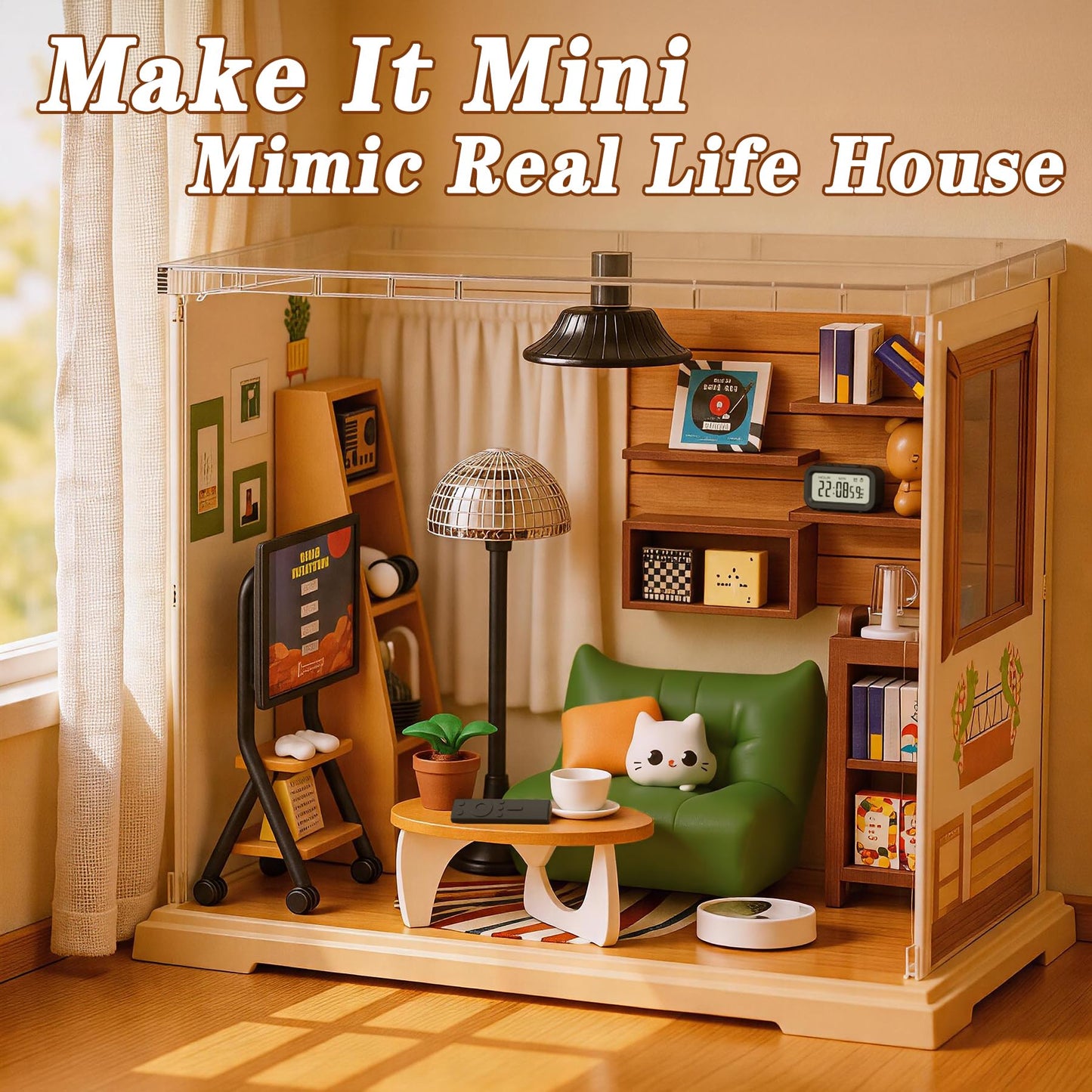 DIY Miniature Living Room Dollhouse Kit with LED, Suitable for Display Mini Figures, Make It Miniature, Mini Dollhouse Kit for Adults, Teens, and Beginners to Build, Gift for Friends and Hobbies