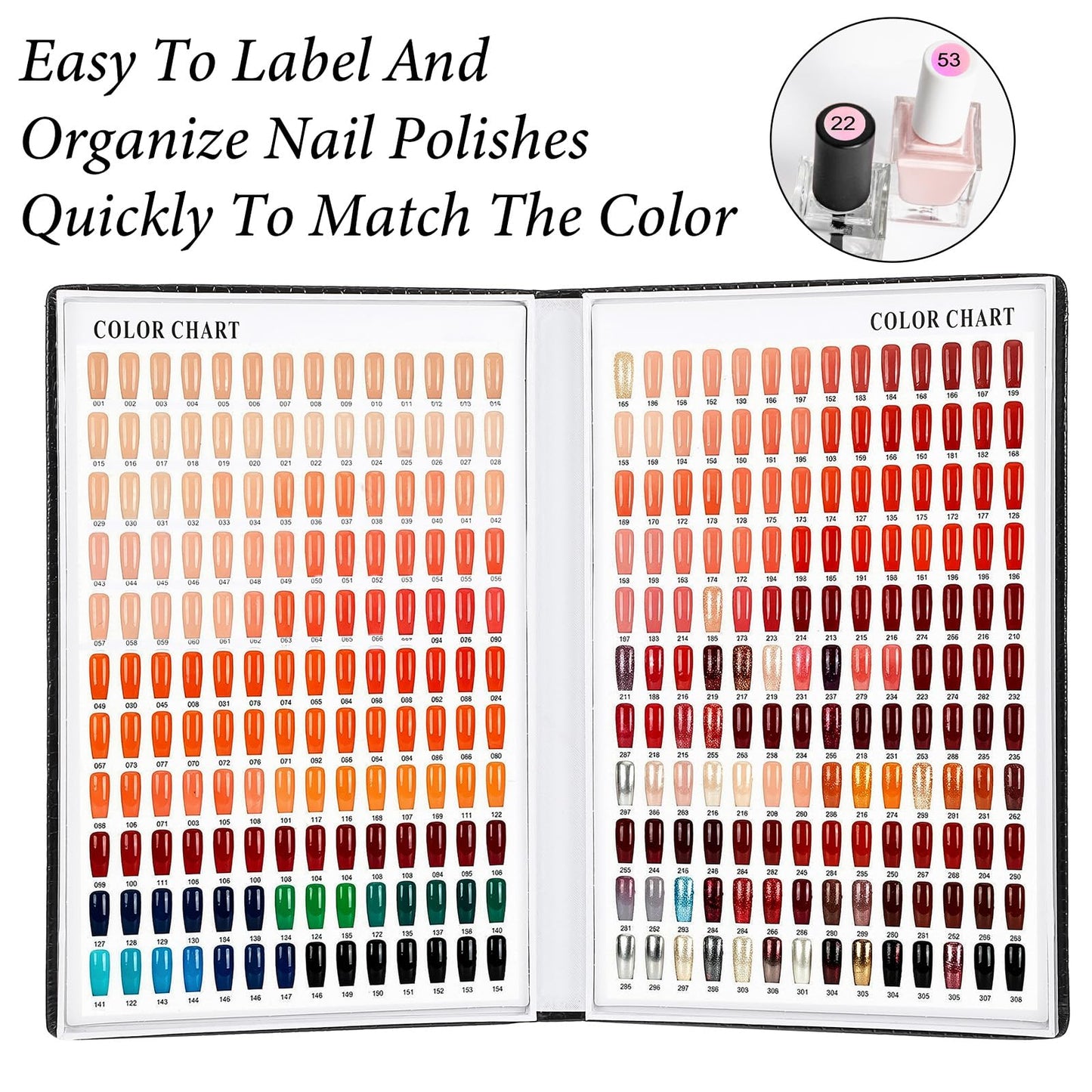 Professional 308 Nail Color Chart Book with 120 Pcs False Nails and 1-400 Number Labels, Gel Polish Display Card for Nail Art Salon Swatches and Practice Design, Black