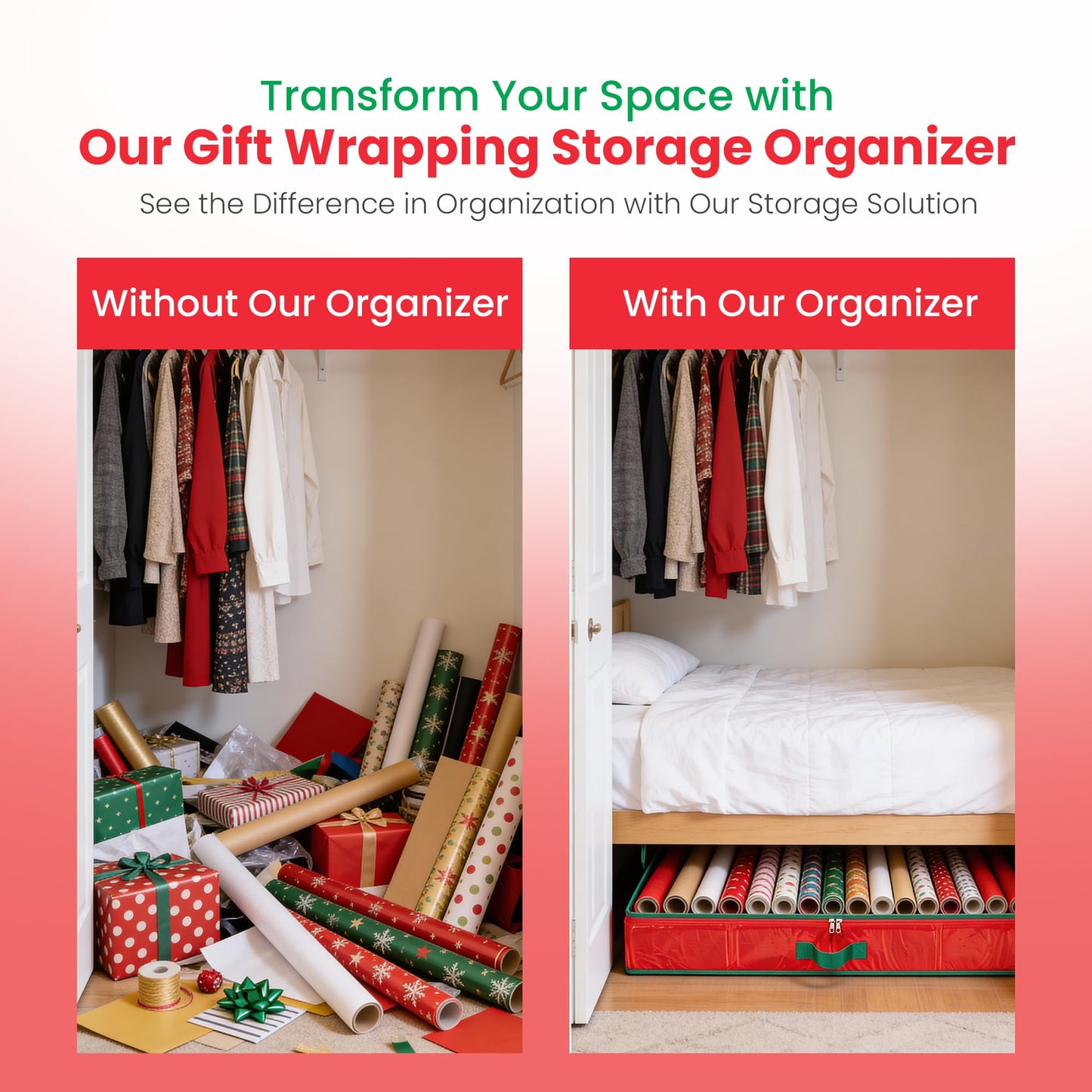 Handy Laundry Gift Wrap Storage Organizer, Easily organize Wrapping Paper, Ribbons, Bows, Scissors, Fits 18-24 Standard Rolls, Keeps Gift Supplies in Perfect Condition & Ready for Next Season, (Red)