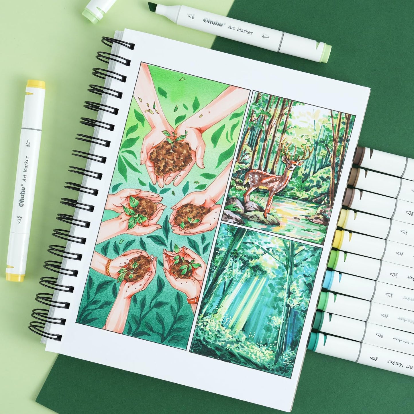 Ohuhu Double-Sided Marker Pad Art Sketchbook Bleedproof - 7"x10" Large Paper Size - 90 lb/150 gsm Smooth Drawing Paper - 60 Sheets/120 Pages - Spiral Bound Sketching Book for Alcohol Markers
