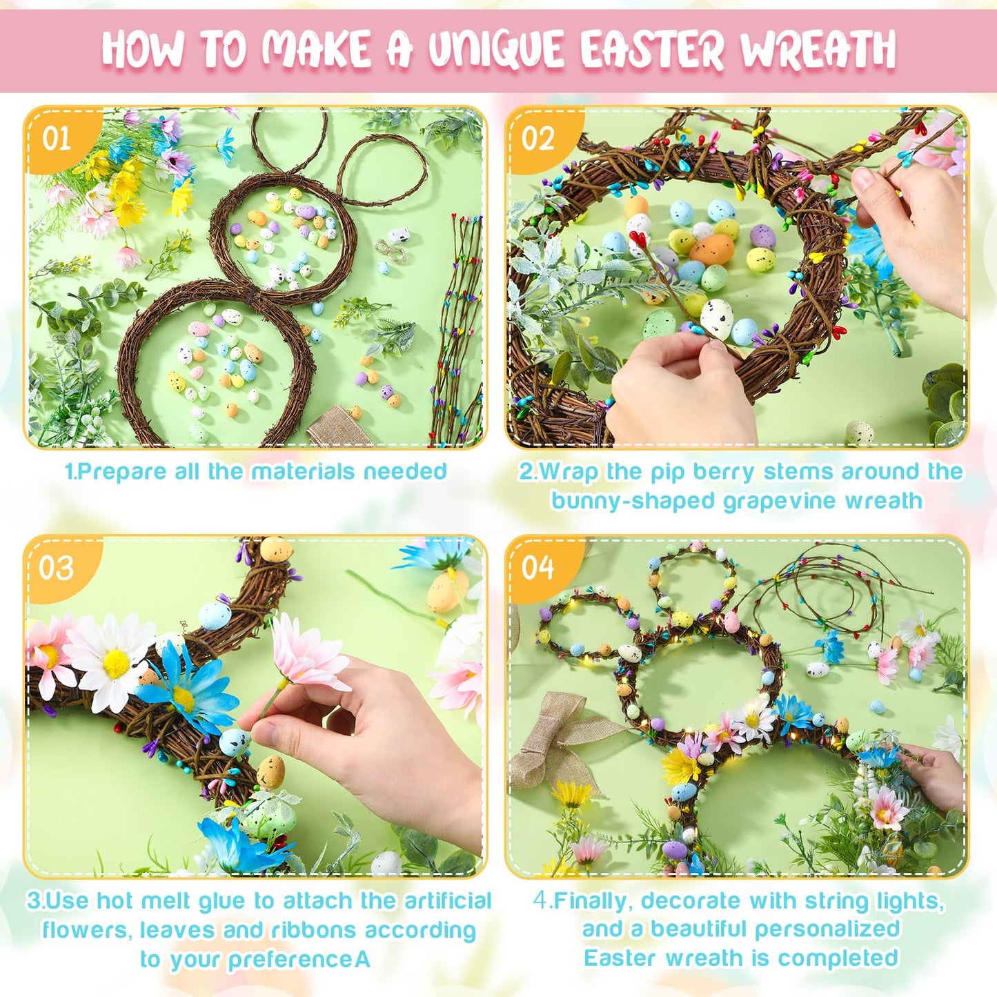 Hotop 111 Pcs Easter Wreath DIY Decorations Kits Included 24 Inch Bunny Shaped Grapevine Wreath Artificial Flowers Eggs Leaves Berry and Vines for Easter DIY Crafts Front Door Wall Decor