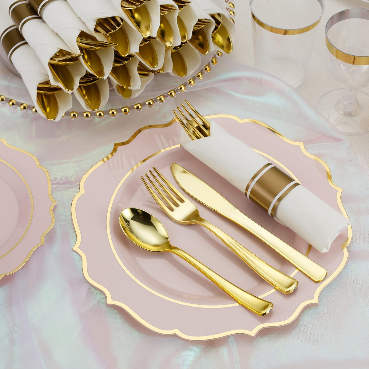 50 Pack Pre Rolled Gold Plastic Silverware Set with Napkins,Disposable Wrapped Heavy Duty Cutlery Set for Wedding Birthday Party-50 Forks,Knives,Spoons,Napkins,Utensils Set,Plasticware Bulk