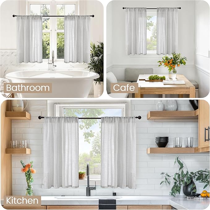 BGment Light Grey Short Linen Curtains 36 Inch Length for Window - Rod Pocket Small Drapes Light Filtering for Cafe Bedroom Decorative Lightweight Natural Rustic, 2 Panels Set, 30 X 36 Inch