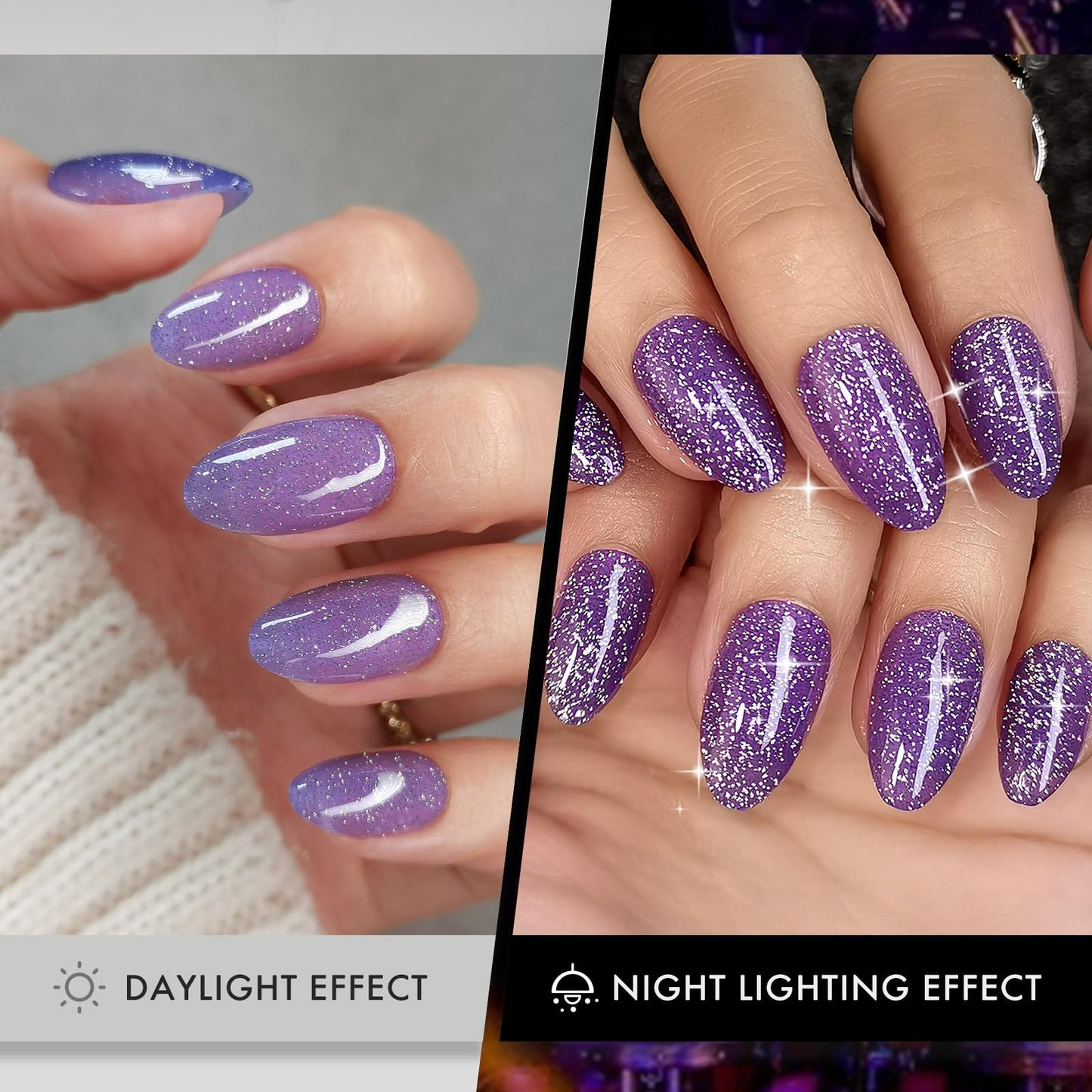 Purple Glitter Press on Nails Almond Short with Sparkling Diamond - SHANGMENG Soft Gel Spring Fake Nails for Women Gift, Glossy Stick on Nails with Glue in 16 Sizes - 32 Reusable Nails, Lavender
