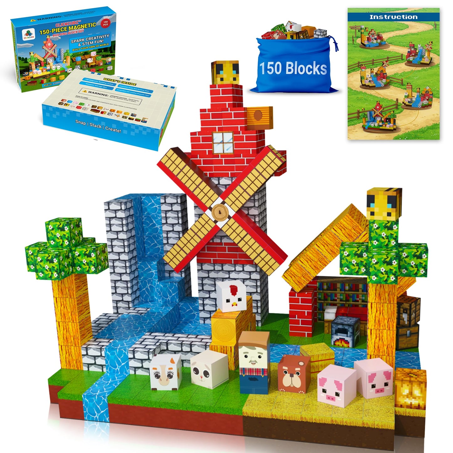 ClickCubz Farm-Themed Magnetic Blocks – 150PCS STEM Toy Gift for Kids Age 3+ w/Storage Box, BPA-Free, Stackable Strong Magnets