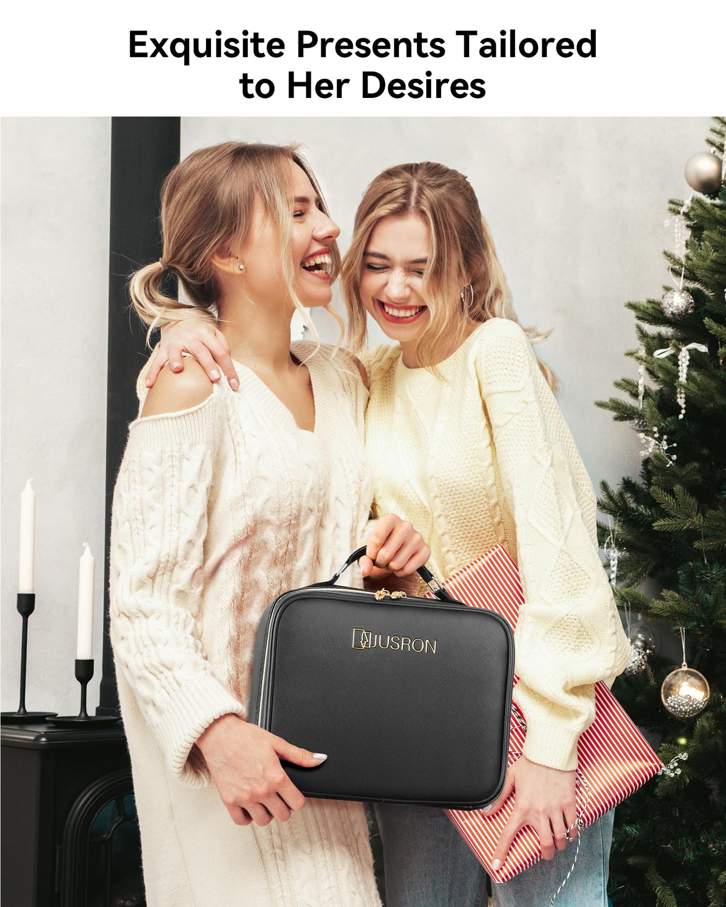 JUSRON Travel Makeup Bag With LED Mirror,Train Case with Light up Mirror, Portable Makeup Artist Organizer Bag with Adjustable Dividers (Black, Large)