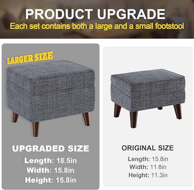 Storage Ottomans with Adjustable Cover, BOGO, Step Stool, Footrest and Seat, Ottoman Foot Rest Set for Living Room, Bedroom, Dorm, Light Gray