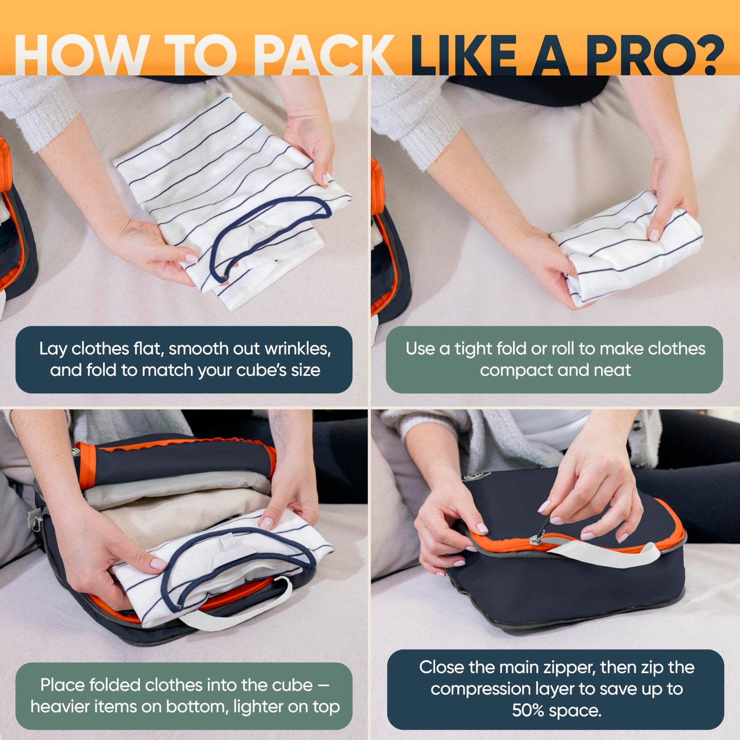 Large Compression Packing Cubes for Travel-Packing Cube Luggage Organizers 7 Piece Set for Checked Luggage-Ultralight, Expandable/Compression Bags by TRIPPED Travel Gear (Grey/Orange)