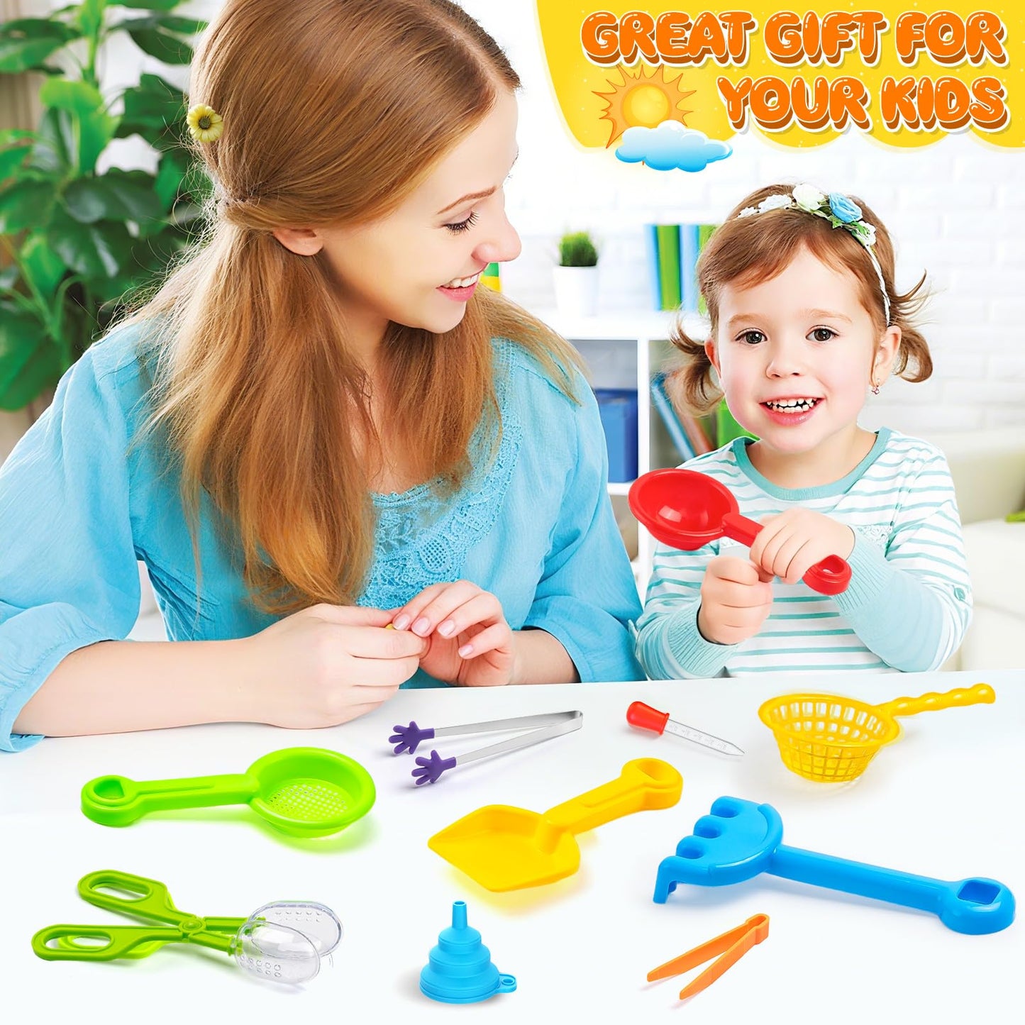 11 Pieces Sensory Bin Filler, Fine Motor Skills Handy Toys Set with 5 Scoops, Tweezers, Mini Silicone Tong, Scissors Clip, Dropper, Beach Shovels, Funnel, Sensory Bin Accessories Tools