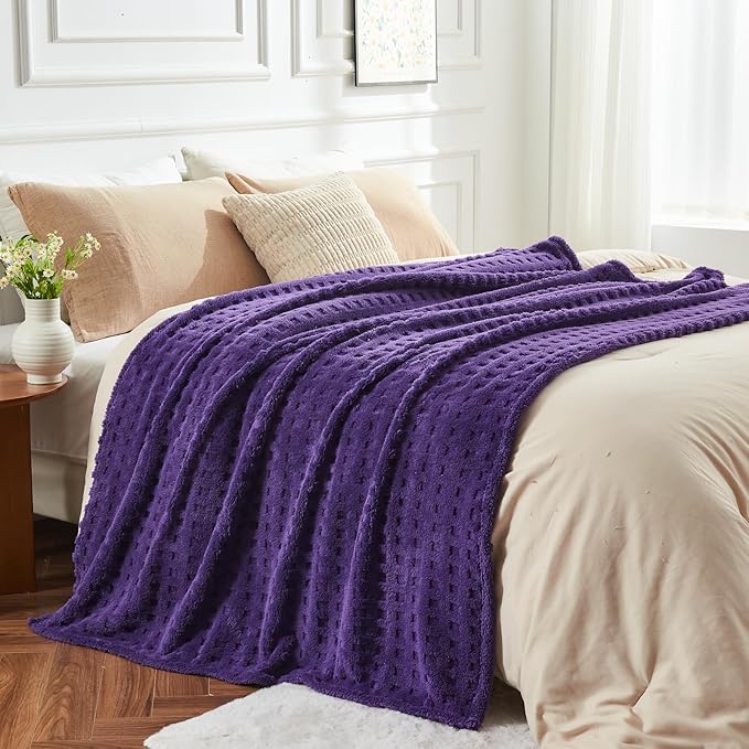 NEWCOSPLAY Super Soft Queen Blanket Purple Premium Silky Flannel Fleece 3D Waffle Checkered Lightweight Bed Blanket All Season Use (Dark Purple, Queen(90"x90"))