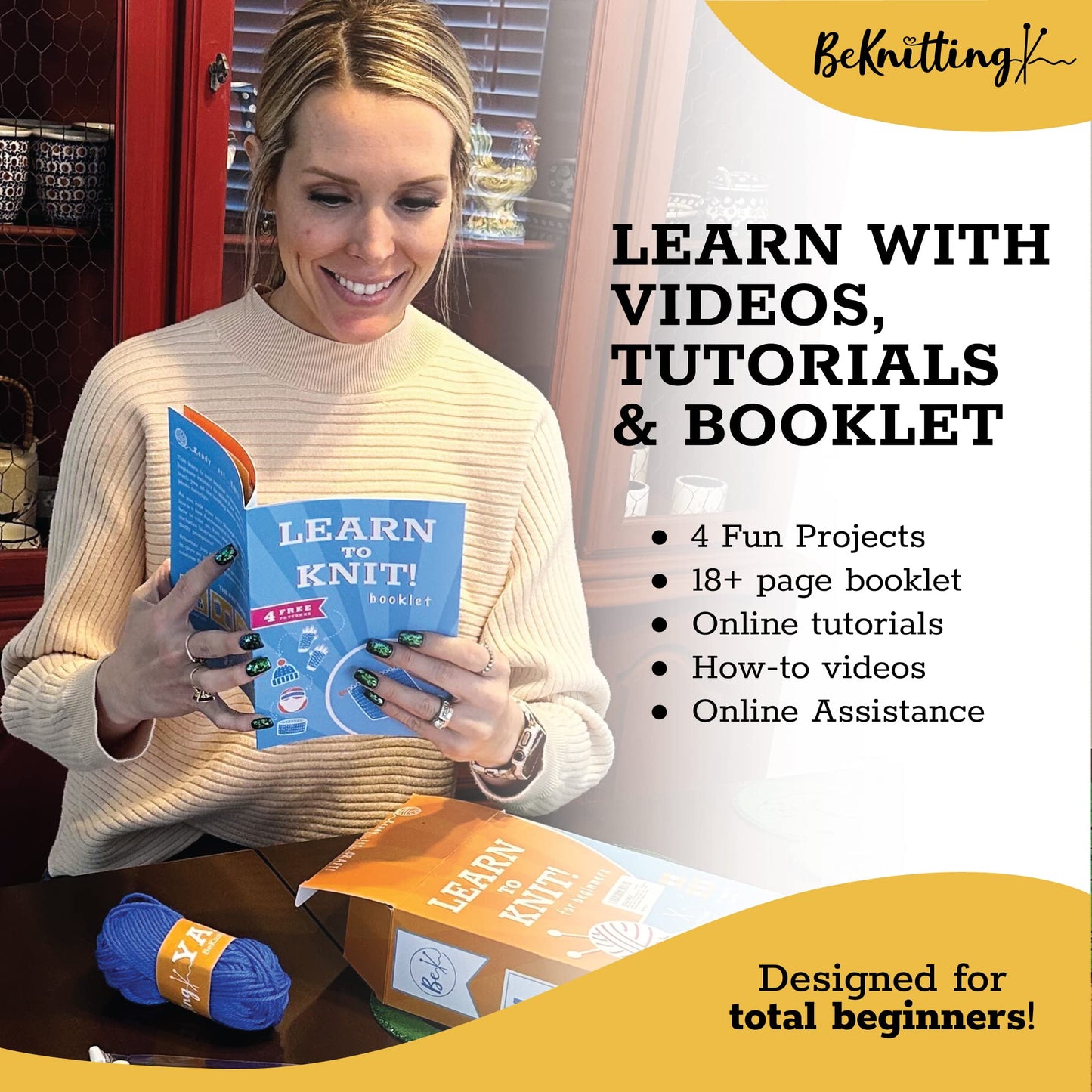 BeKnitting Knitting Kit for Beginners Adults & Kids - Learn to Knit - Yarn, Pompom Makers, Needles & Other Supplies | Holiday Gifts, Gift-Ready Box