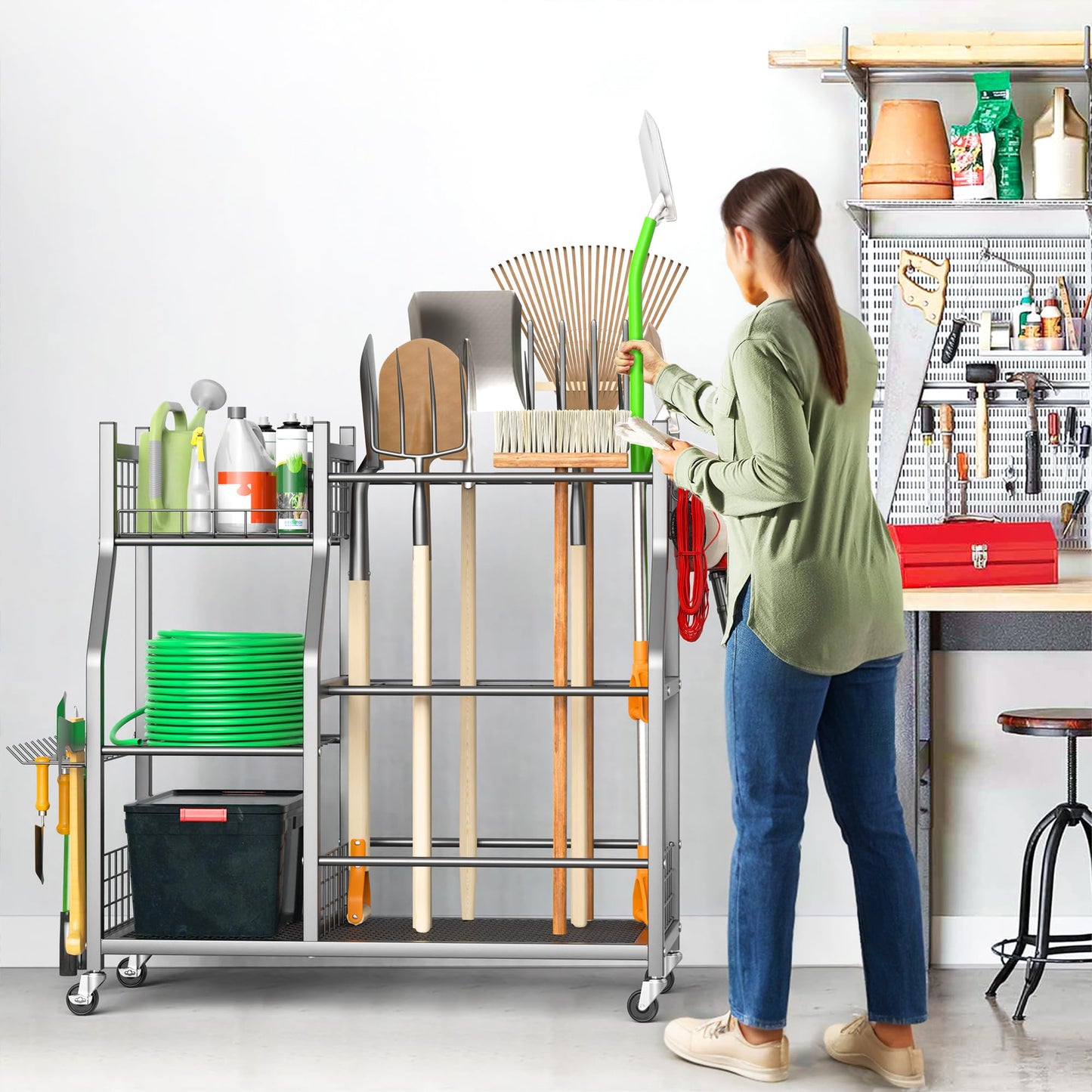 Ultrawall Garden Tool Organizer, Yard Tool Storage Rack for Garage Organization with Lockable Wheels, Garden Tool Stand for Rake, Brooms, Indoor & Outdoor Use