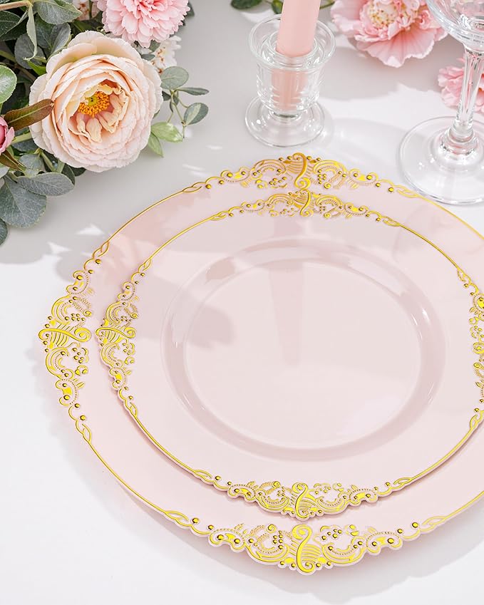 Nervure 100PCS Pink and Gold Plastic Plates - 7.5 inch Pink Plastic Plates with Gold Rim - Disposable Dessert Plate for Wedding & Party & Easter