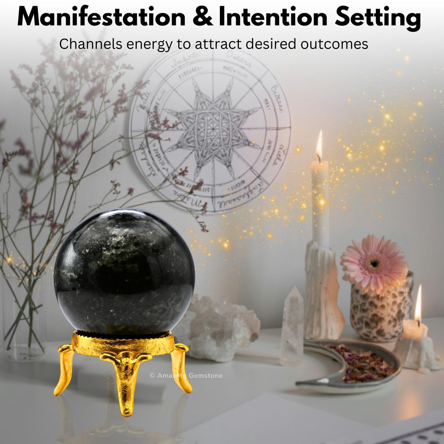 Amazing Gemstone Nuummite Crystal Ball with Stand - 2" Inches Crystal Sphere Meditation Balls for Witchcraft and Decorative Balls