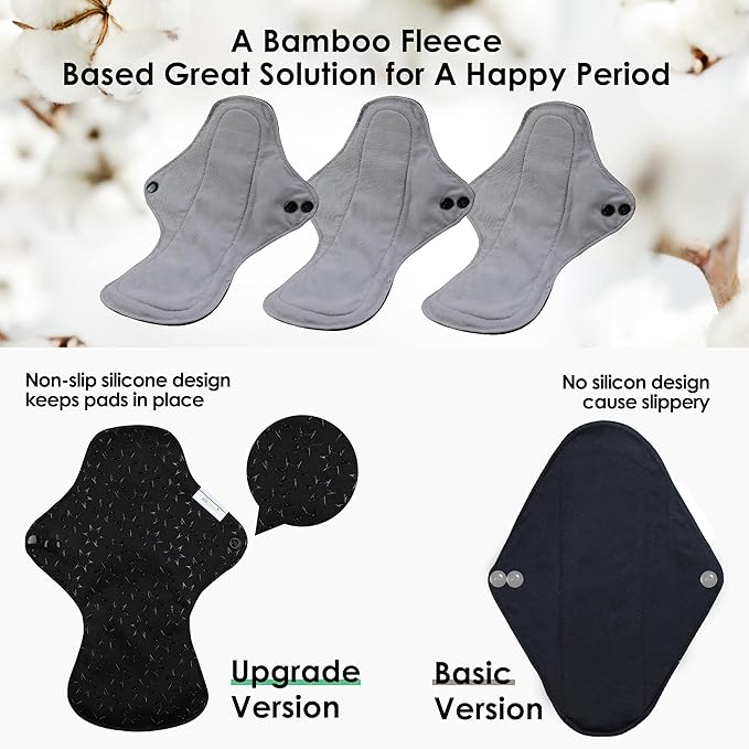 wegreeco 6 Pcs Reusable Menstrual Pads, Ultra Absorbent Cloth Pads for Heavy Flow, Sanitary for Teens, Women, Nonslip, Grey Inner, Black Outer, Large