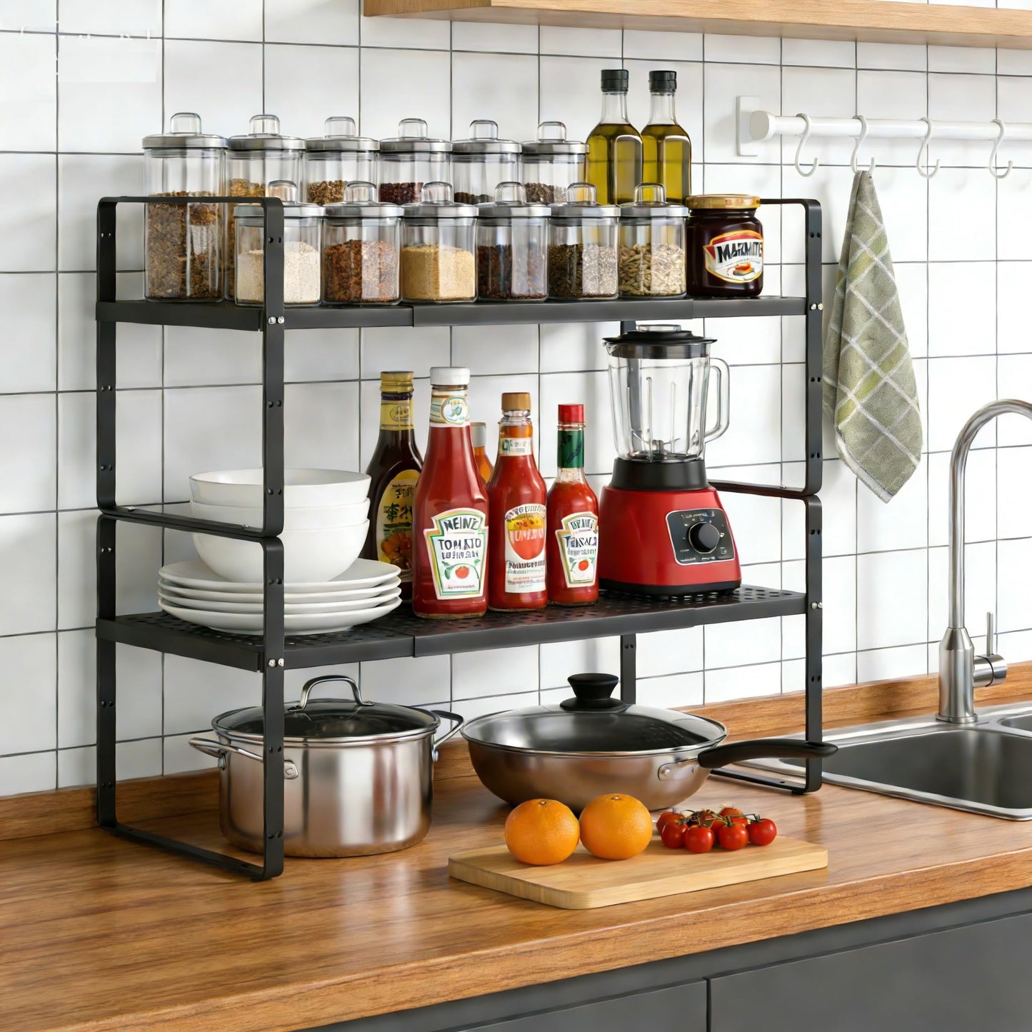 SOFRON Expandable Cabinet Organizer Shelf - Adjustable Width (16.5”-27.1”), Stackable, Heavy Duty 80 lbs, for Kitchen Pantry, Countertop, Office, Spice Rack - Black, Small Size, 1 Pack