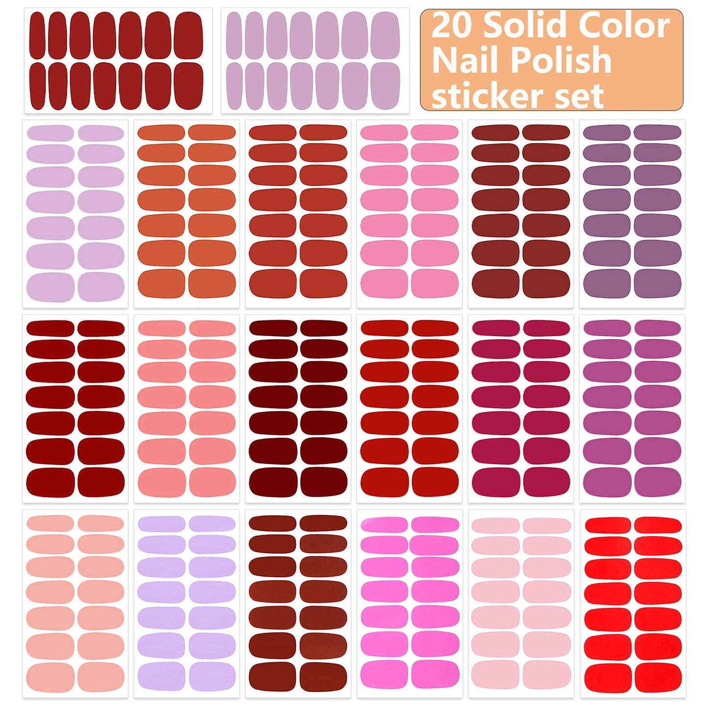 WOKOTO 20 Sheets Red Series Solid Color Full Nail Wraps with Nail File Self-Adhesive Nail Polish Stickers Real Nail Polish Strips for Women Stick On Nails Strips