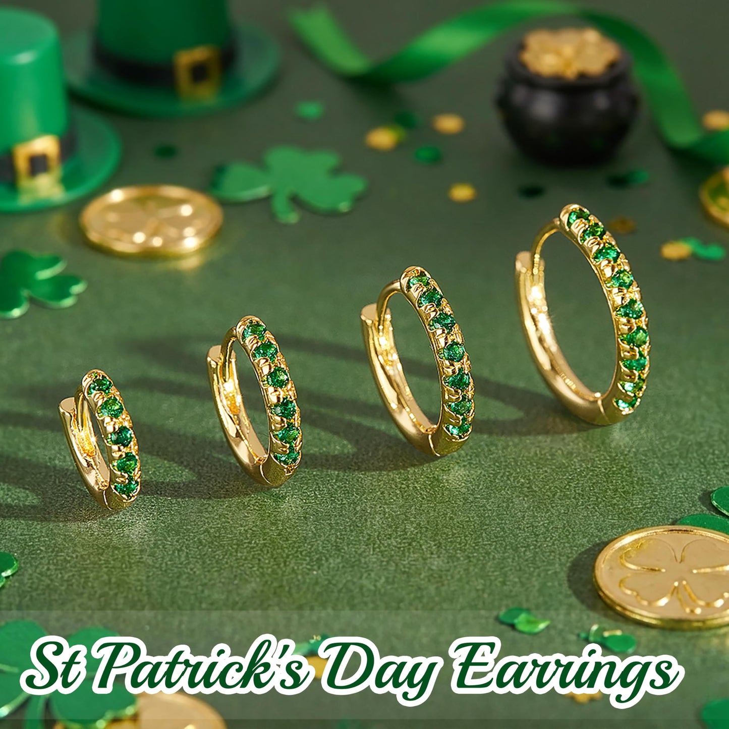 St Patrick's Day Earrings Gold Green Earrings Set for Women, Small Huggie Hoop Stack Cartilage Earring for Multiple Piercing,Green Clip On Jewelry for Women