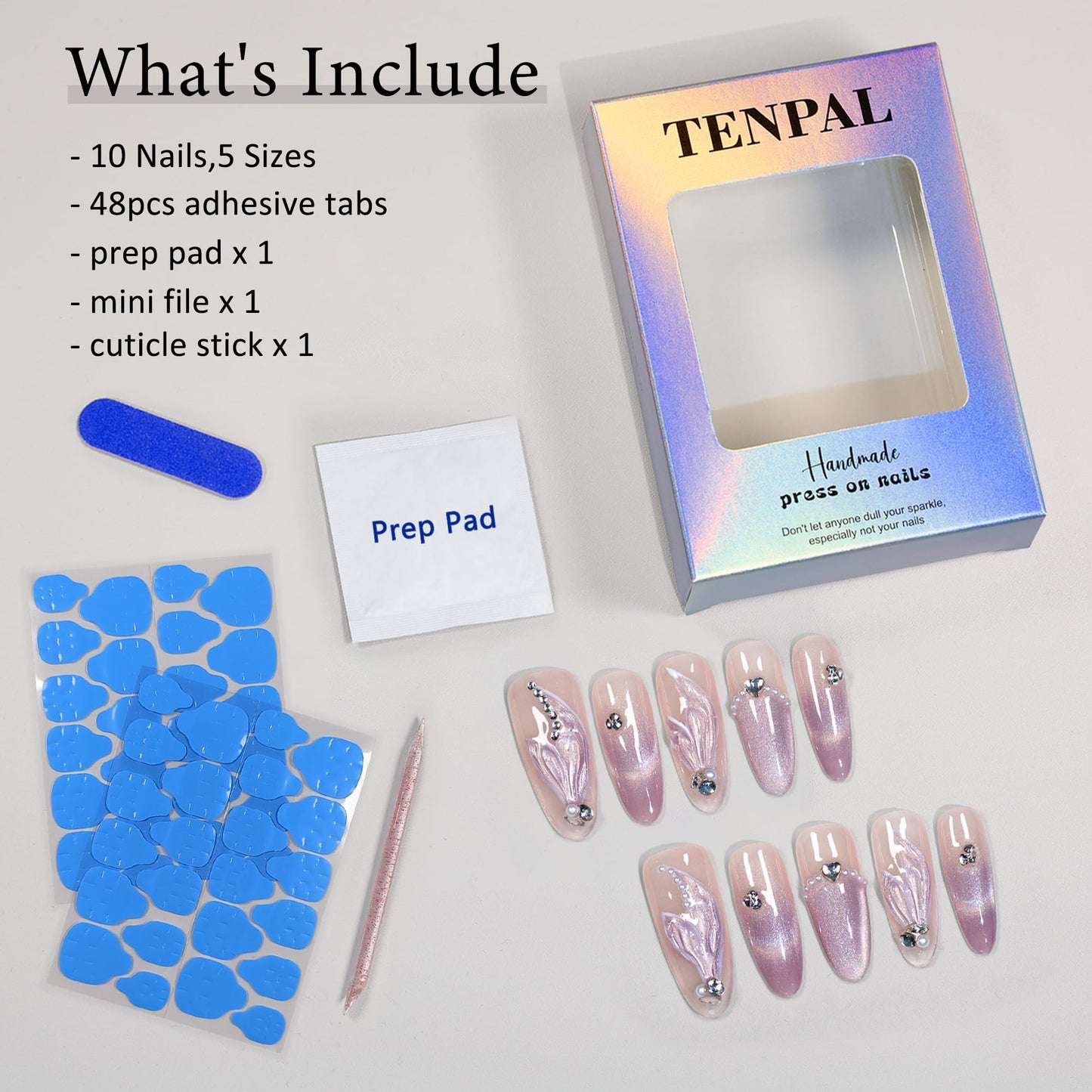 TENPAL Gradient Purple Press on Nails Long Almond,Cat Eye Mermaid Tail Designs Fake Nails,Detachable Acrylic Glitter False Nails with Tools,Handmade Glossy Artificial Glue on Nails,Medium Size