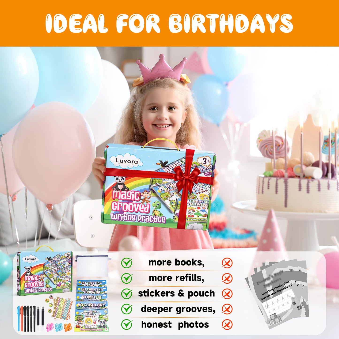 LUVORA Magic Grooved Writing Practice for Kids Ages 3-8, Reusable Handwriting Practice Books Set (6 Books) with Disappearing Ink Pens, Letter/Number Tracing, Preschool & Kindergarten Learning Kit