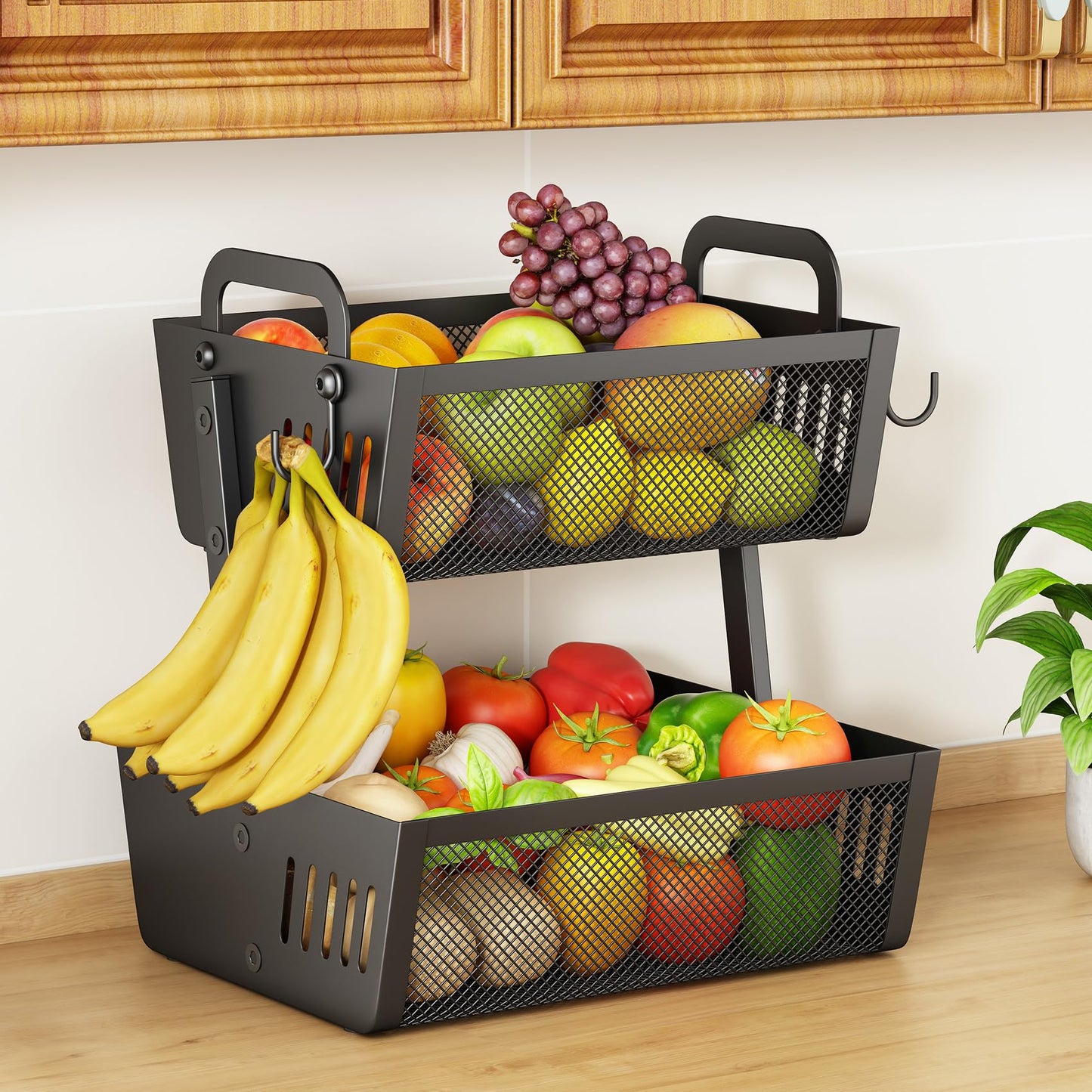 SAYZH Fruit Basket Bowls For Kitchen Counter with Banana Hangers - Detachable Metal Mesh Basket Fruit Stand with Handle - Kitchen Vegetables Bread Snacks Storage Organization, 2 Tier Black