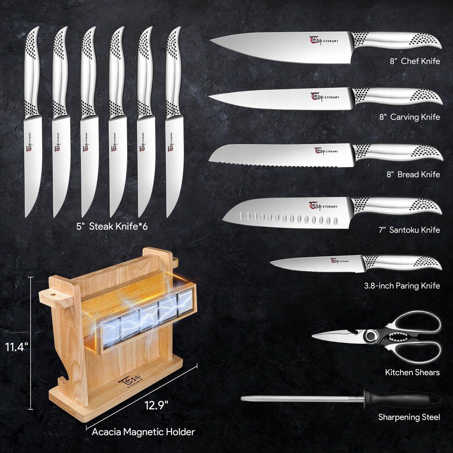 SYOKAMI Japanese Knives Set for Kitchen, Magnetic Knife Set with Block and Sharpener, Stainless Steel Knife Set as Gift for Couple, Wedding, Women or Mom with Gift Box, 14 PCS Black Dot