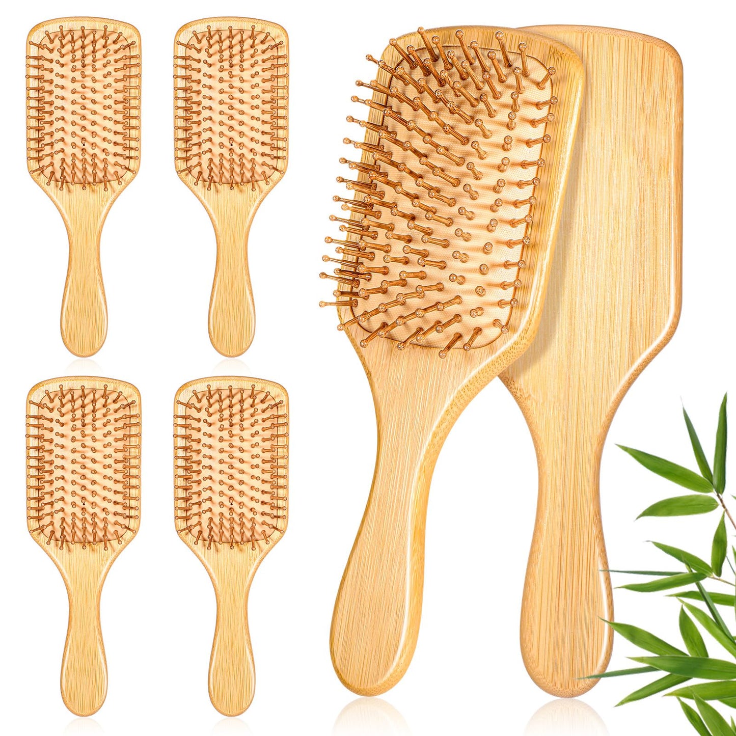 6 Pcs Natural Bamboo Hair Brushes for Scalp Massage & Detangling, Anti-Static Wooden Paddle Brush with Ergonomic Handle and Bamboo Bristles, DIY Engraving Gifts, 9.65”x3.35”