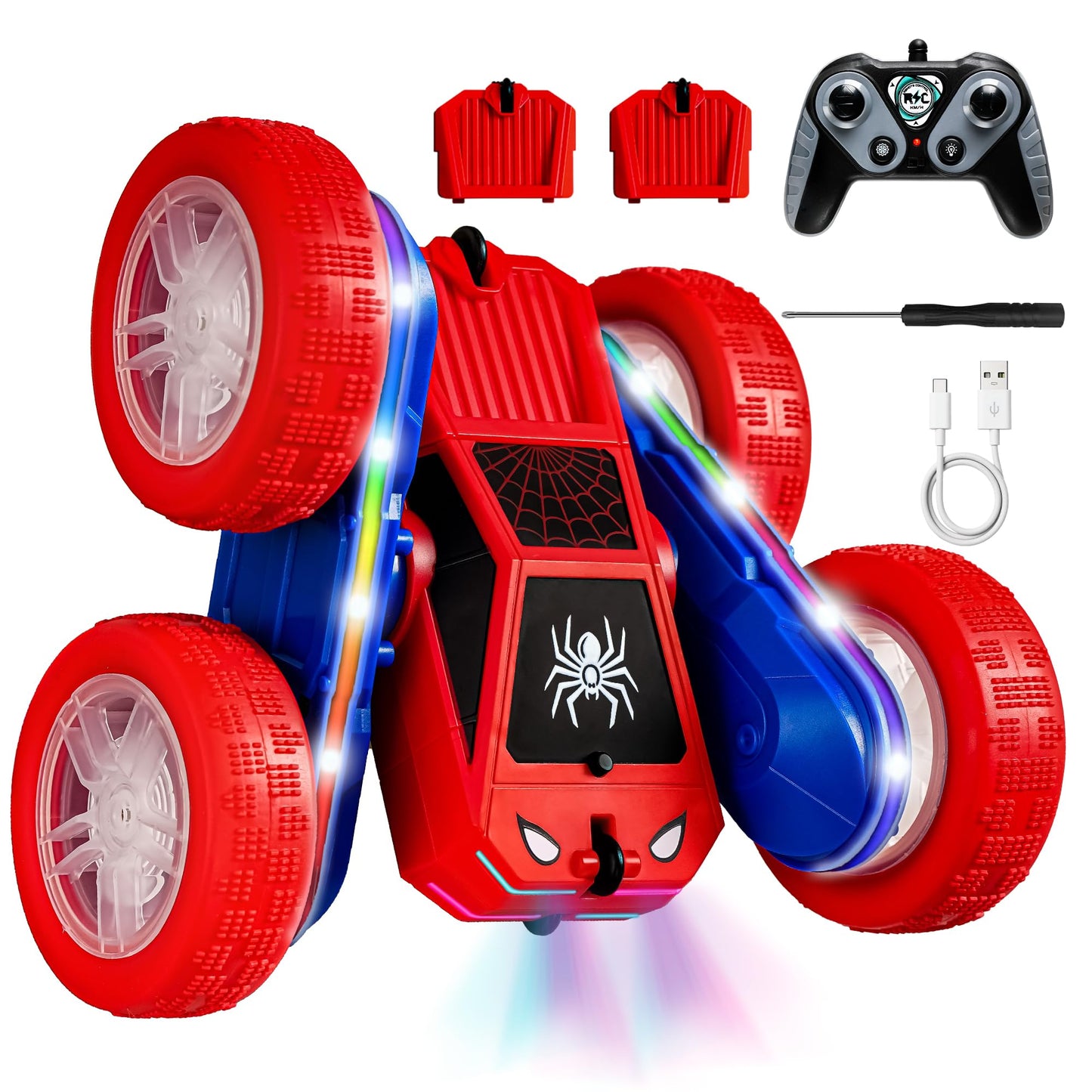 SANGQAOFU Spider Remote Control Car 4WD 360° Flips RC Stunt Car Toys Cyber-Inspired Double-Sided Drift Rc Cars with LED Lights 2 Rechargeable Charge Battery Modules Toys and Gift for Boys Age 3-12