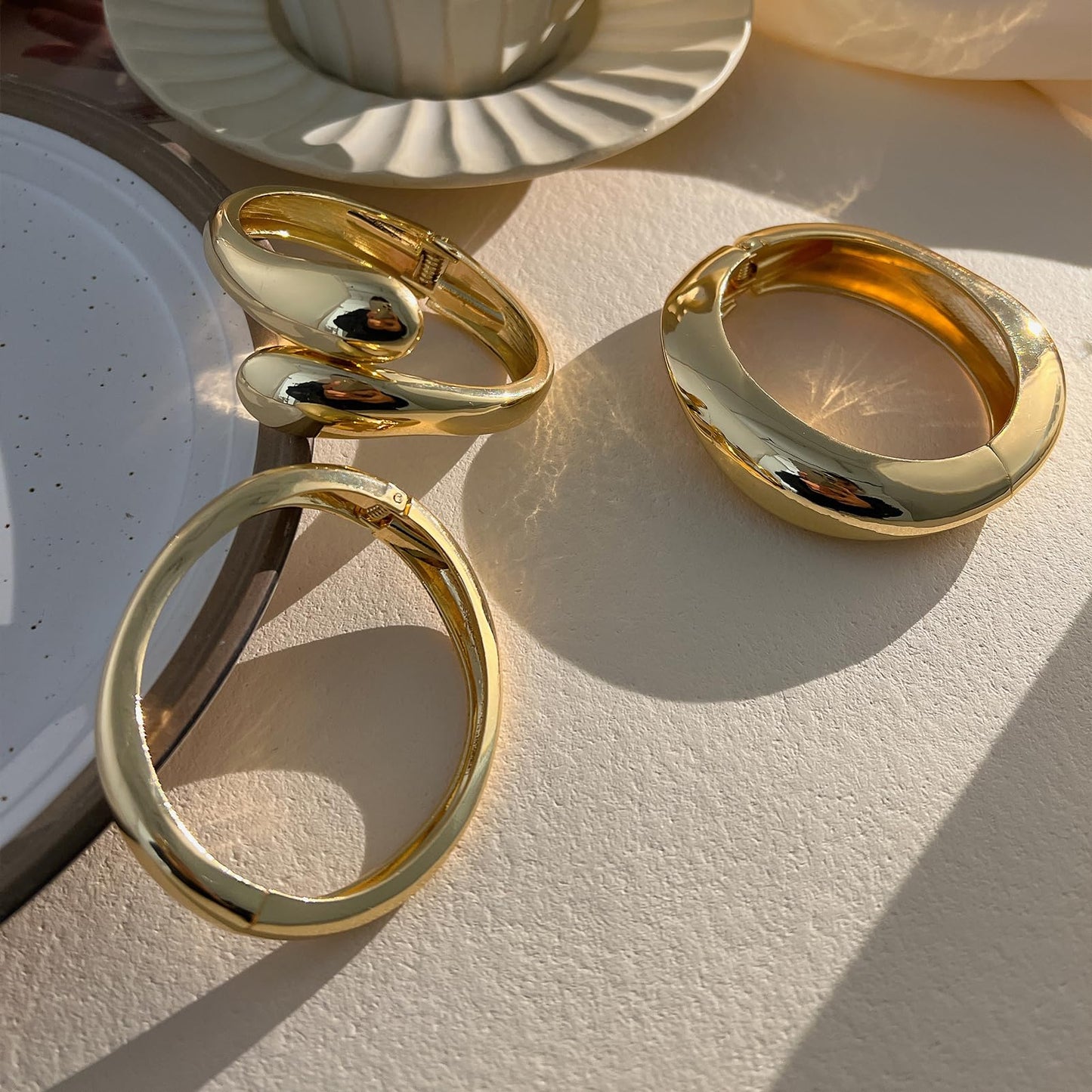 Chunky Gold Bangle Bracelets for Women, 14k Gold Plated Dainty Cuff Stackable Bangles Set, Trendy Bracelet Stack Fashion Jewelry Gifts (07-GOLD)