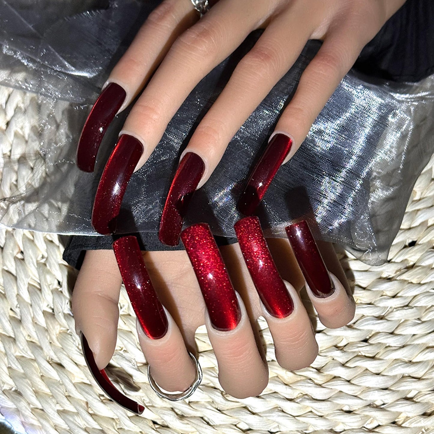 Qicaijia 10Pcs (Size M) XXL Long Curved Handmade Press On Nails - Luxury Red Cat Eye Glitter Acrylic Reusable Stick On Nails for Women’s Manicure