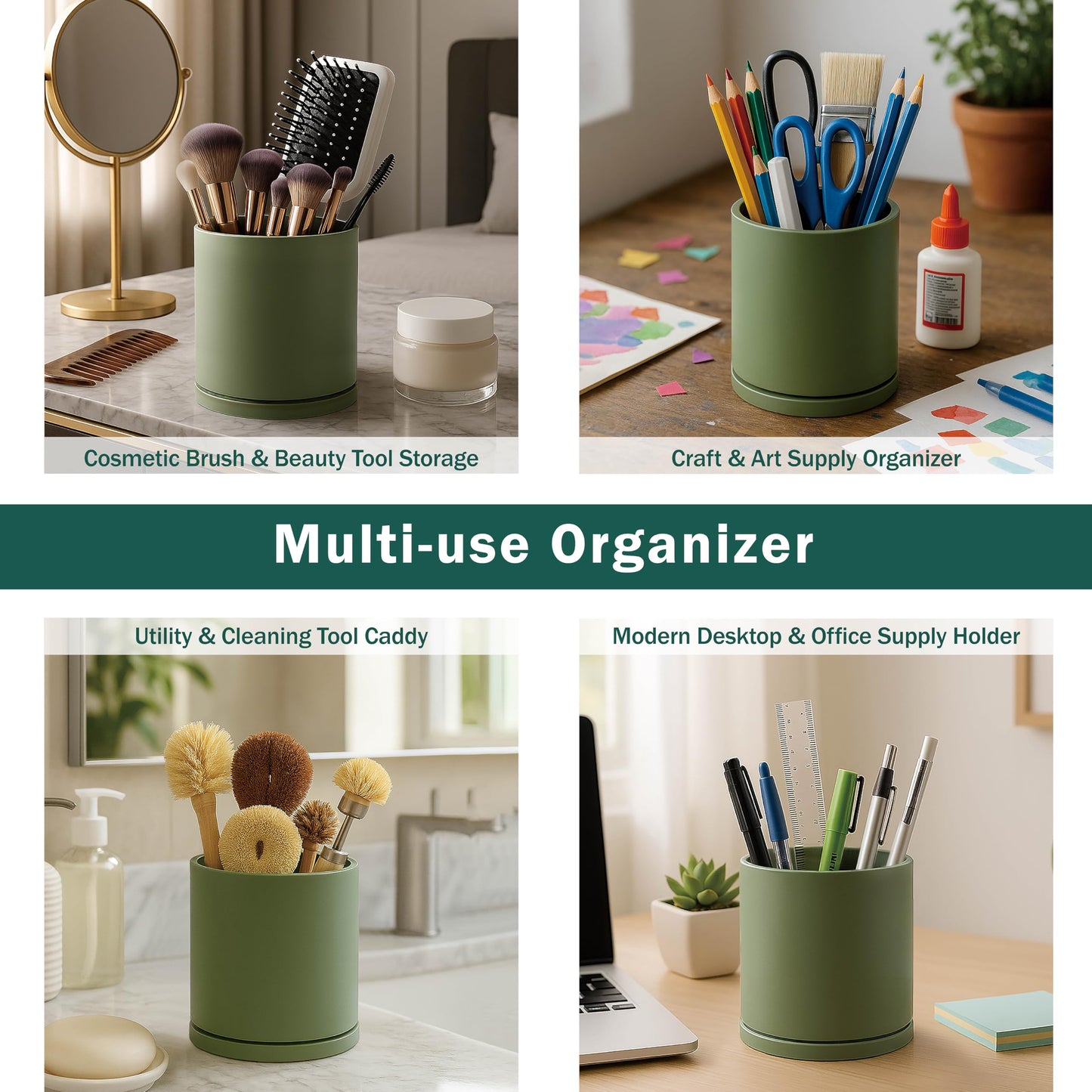 D'vine Dev 360° Rotating Utensil Holder Set – 7.2"+5" Kitchen Utensil Crocks for Countertop, Modern Cooking Tool Organizers for Kitchen Storage +Décor, Olive, Set of 2, 72-Z-C-1