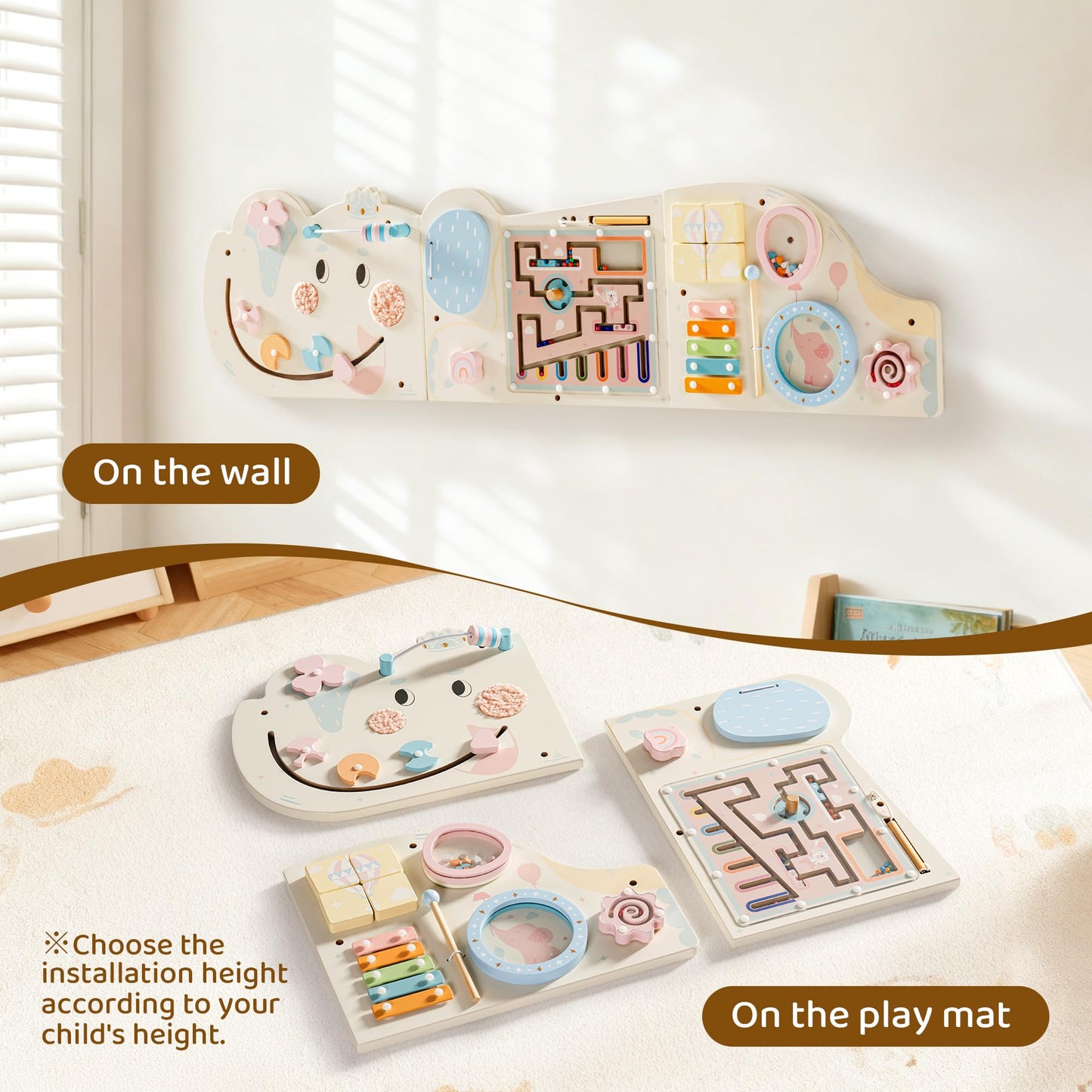 ROBUD Elephant Montessori Busy Board, 12-in-1 Activity Wall Busy Board, Montessori Sensory Wall Panel for Boys & Girls, Toddler Learning Activity Center for Playroom, Nursery, Beige
