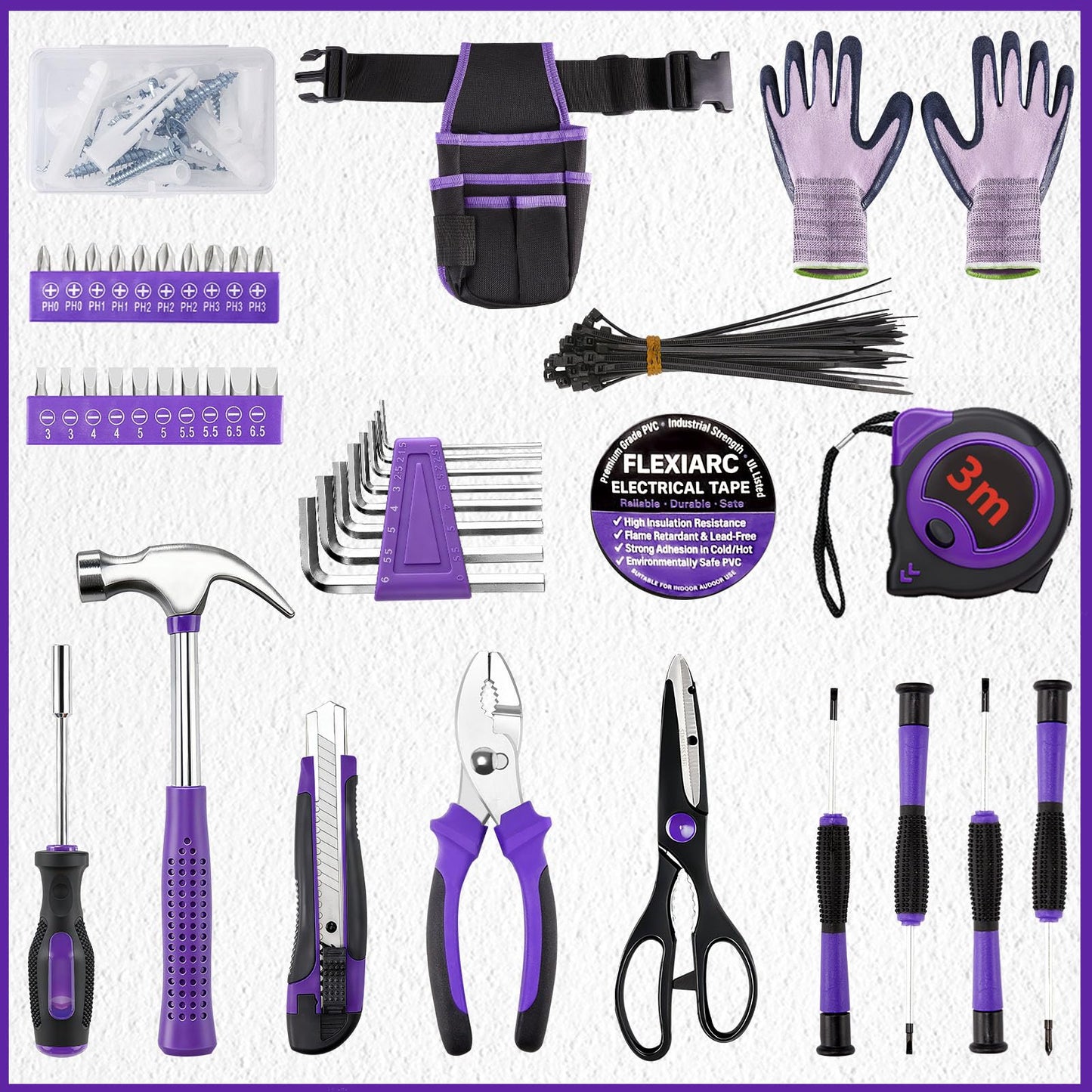FlexiArc General Household Tool Set - Purple Hand Tool Kit with Waist Pouch & Gloves, Tool Kit for Women Everyday Home Repairs, DIY and Crafts, 112 pcs