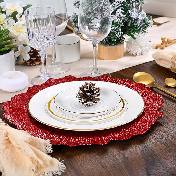 Pesonlook 24Pcs Red Charger Plates Round 13inch, Reef Plate Chargers for Dinner, Bulk Plastic Floral Table Charger Plates for Dinner Wedding Party Event Table Setting Decoration(Red)