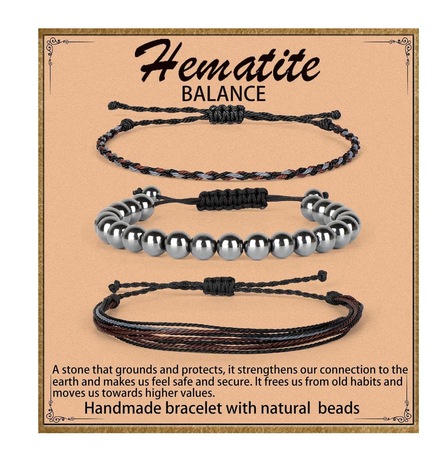 QOGIR Handmade Healing Bracelets,8mm Natural Hematite Gem Stone Beads Bracelet,for Men Women Gifts with 2PCS Size Adjustable Rope Bracelets