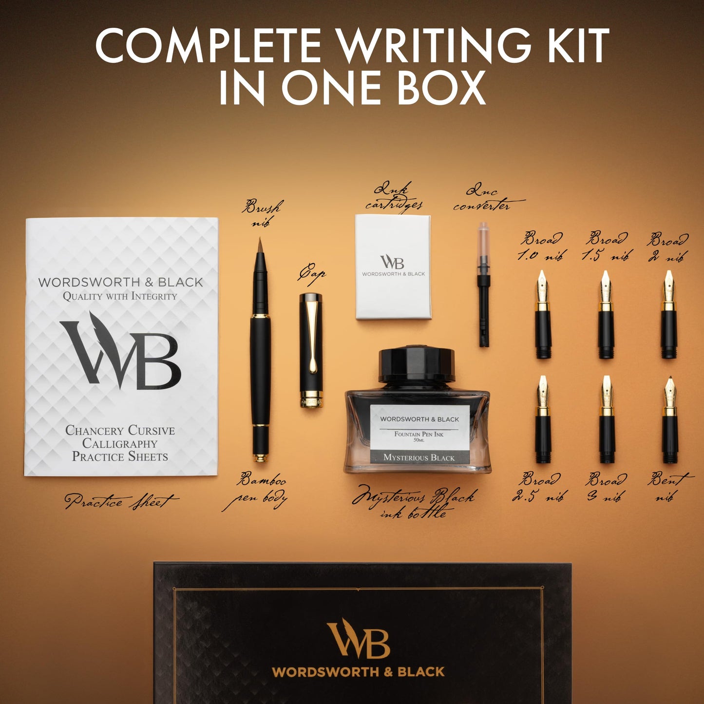 Wordsworth & Black Calligraphy Pen Gift Set, Includes Ink Bottle, 6 Ink Cartridges, Ink Refill Converter, 6 Replacement Nibs, Luxury Bamboo, Journaling, Smooth Writing Pens [Black Wood]